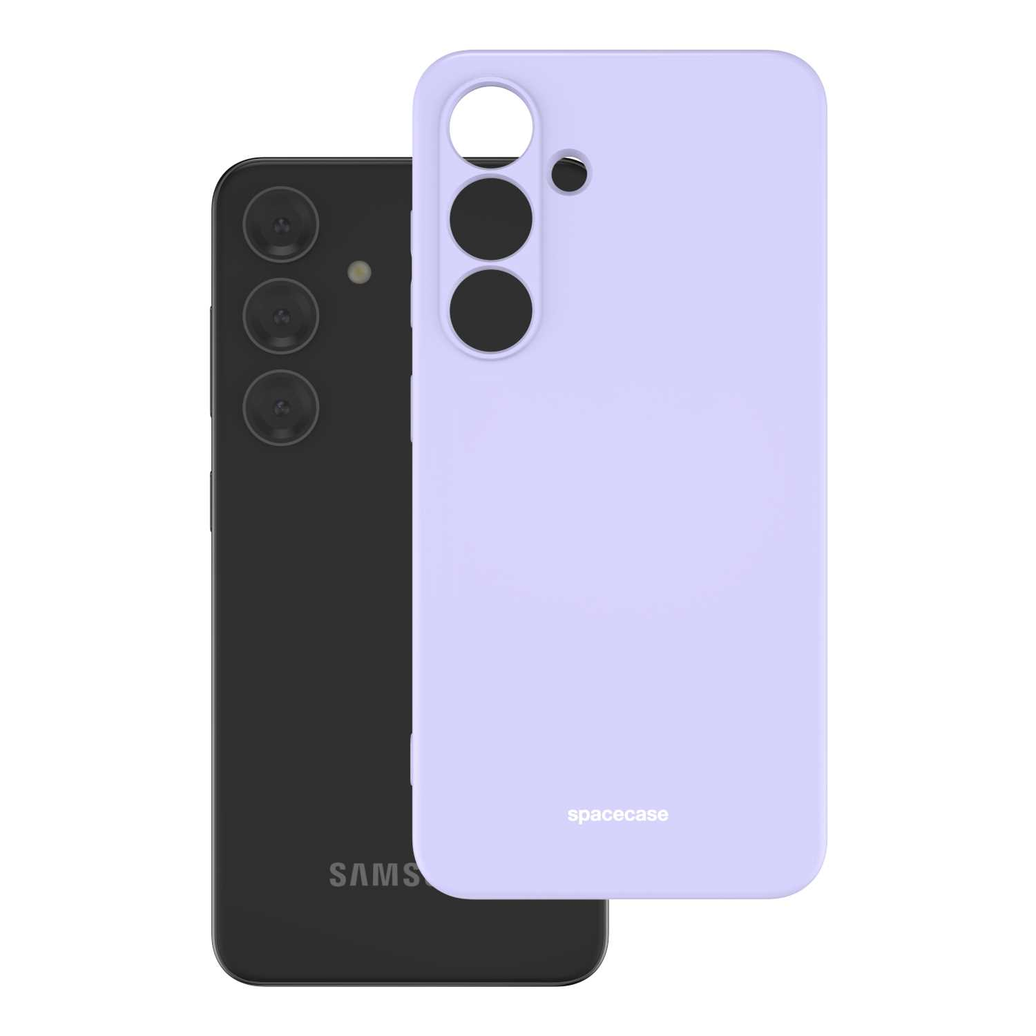 Jasnofioletowe etui na telefon 'spacecase' obok czarnego smartfona.