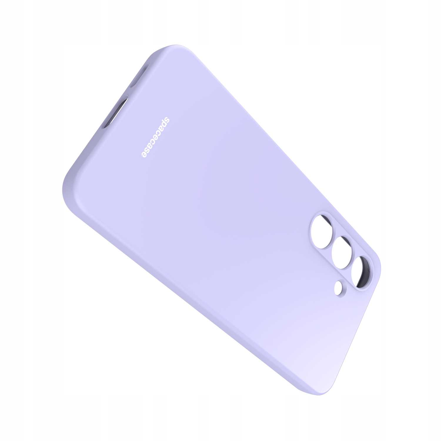 Ukośne jasnofioletowe etui na telefon 'spacecase' z wycięciami na aparat.