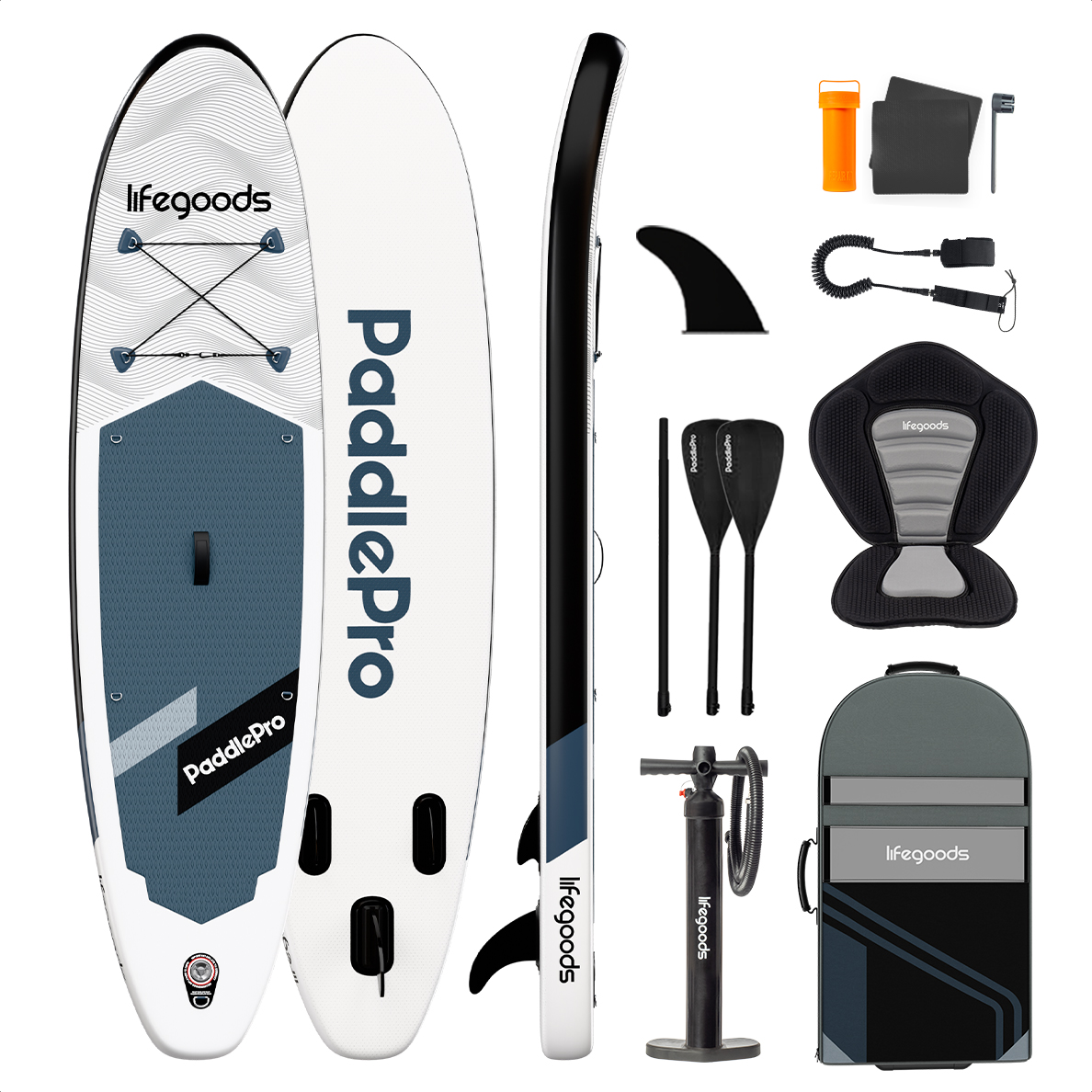 Das Bild zeigt ein Paddleboard und sein Zubehör, darunter Paddel, eine Pumpe und eine Tragetasche.
