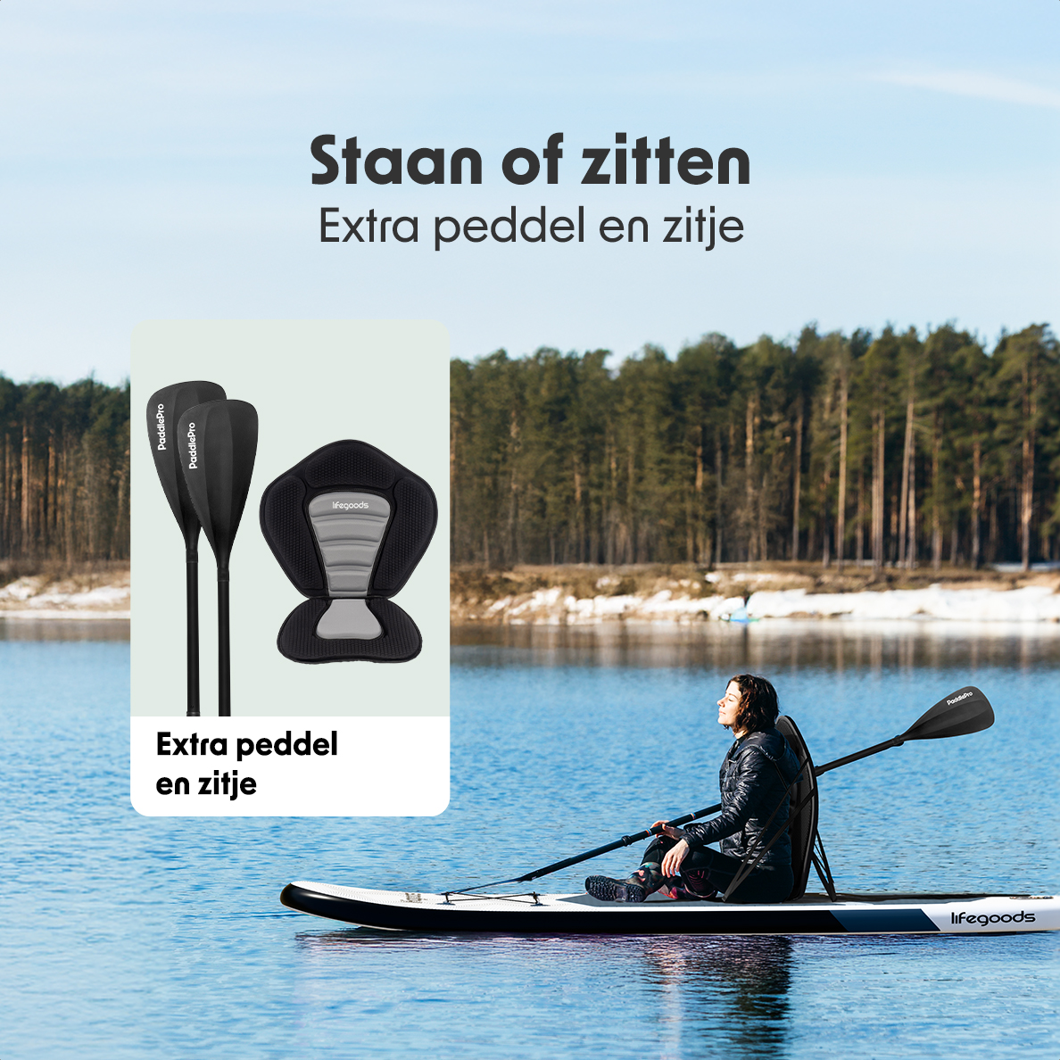 Das Bild zeigt eine Frau, die auf einem LifeGoods-Supboard mit Paddeln und einem Sitz paddelt.