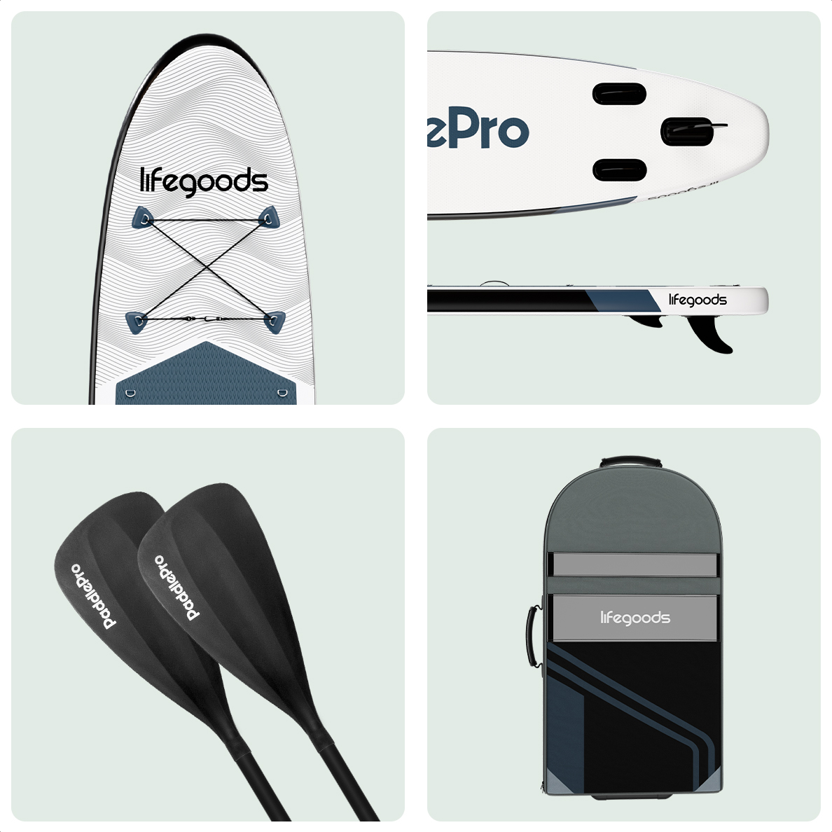 Das Bild zeigt eine Collage von Supboard-Teilen, darunter ein Paddel, eine Tasche und ein Board.