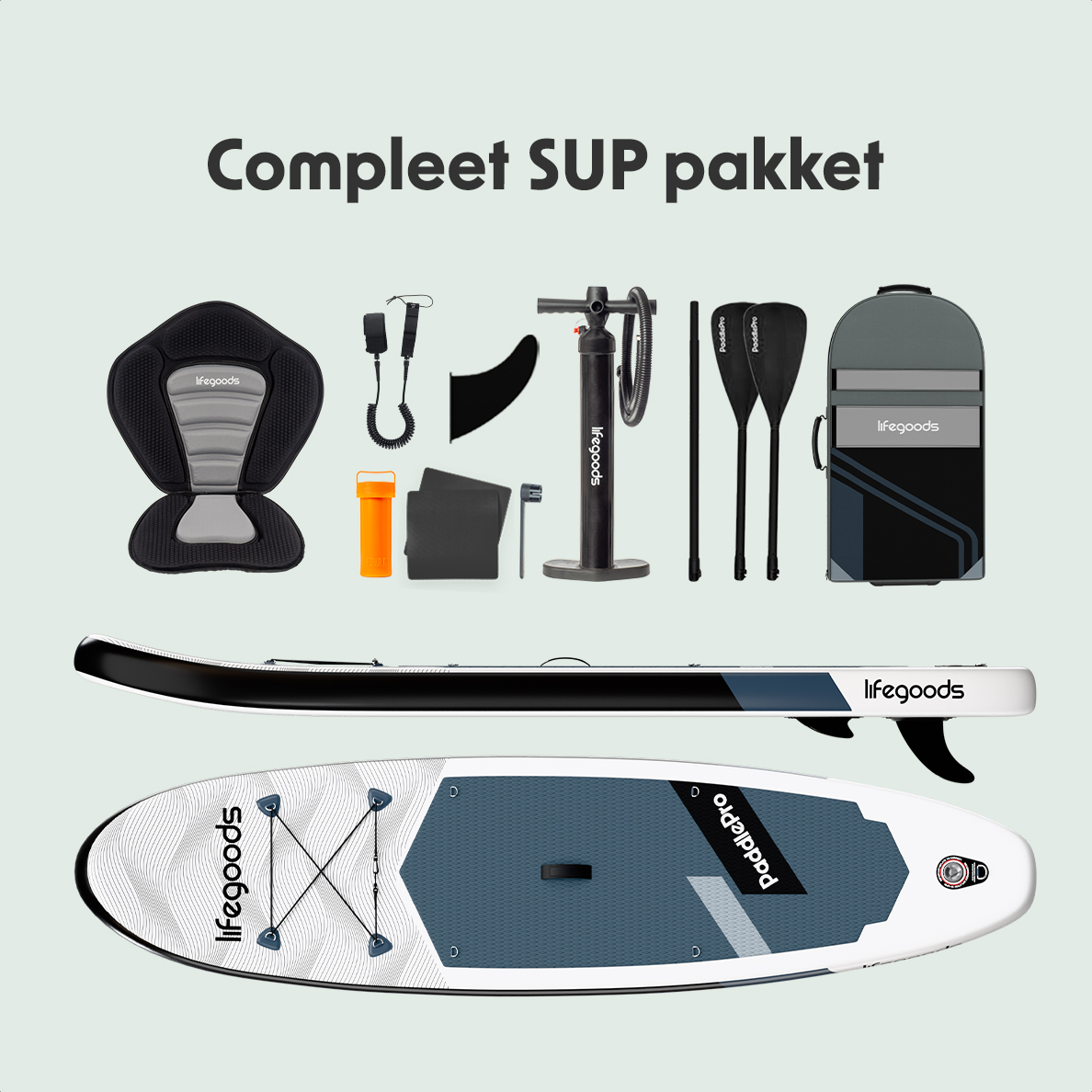 Ein komplettes Paddleboard-Set mit Board, Sitz, Pumpe, Paddel und Tasche auf weißem Hintergrund.