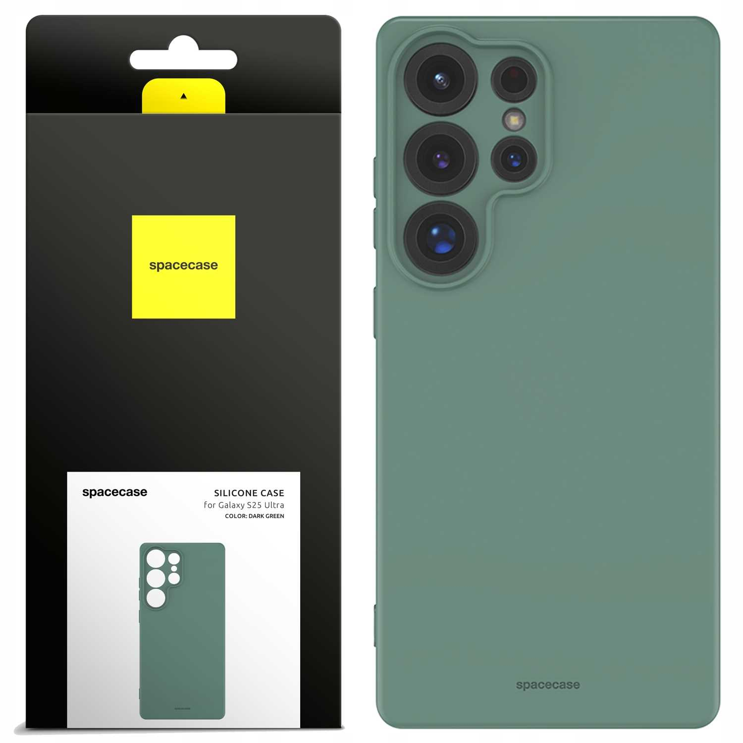 Ciemnozielone etui na telefon obok opakowania. Opakowanie jest czarno-żółte i widnieje na nim nazwa marki „spacecase”.