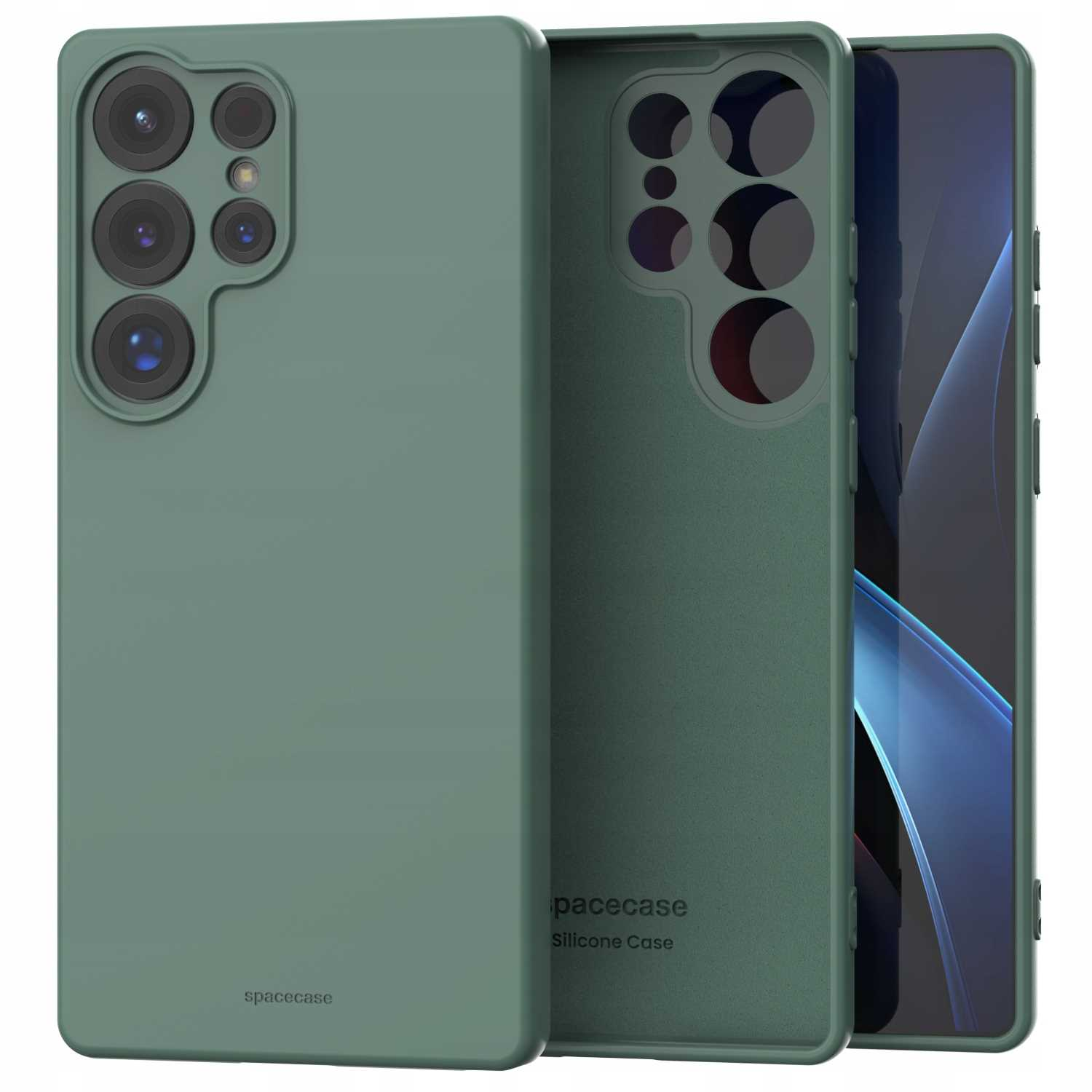 Dwa ciemnozielone etui na telefon stoją obok telefonu. Na etui widnieje słowo „spacecase”.