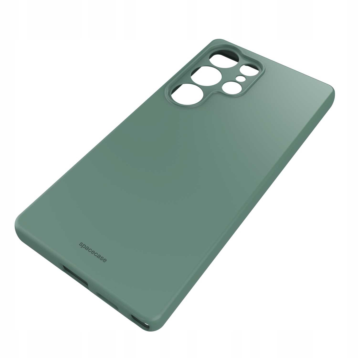 Miętowe etui na telefon jest wyświetlane pod kątem, ukazując wycięcia na aparat i elegancki, minimalistyczny design.