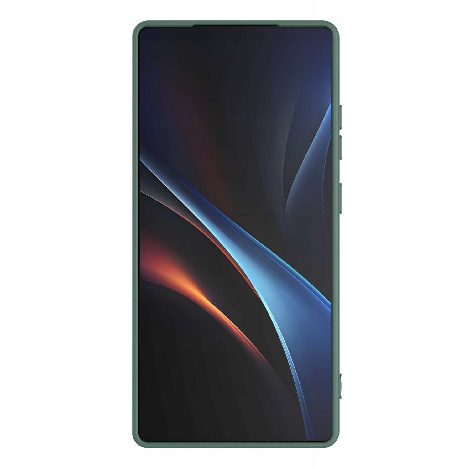 Telefon z miętowym etui, wyświetlający ciemną tapetę z abstrakcyjnymi niebieskimi i pomarańczowymi liniami.