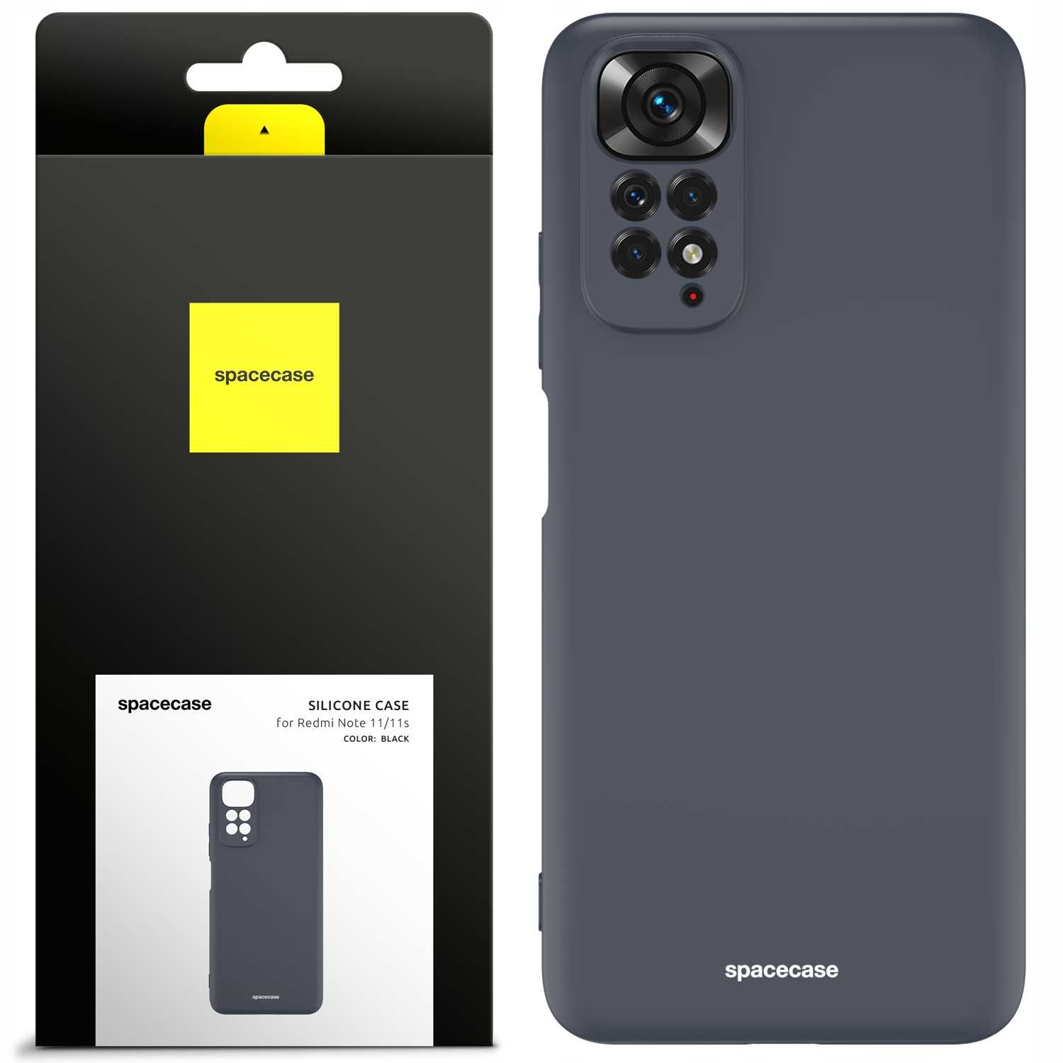 Czarne etui na telefon z wycięciami na aparat obok opakowania. Opakowanie jest czarne z żółtym kwadratem.