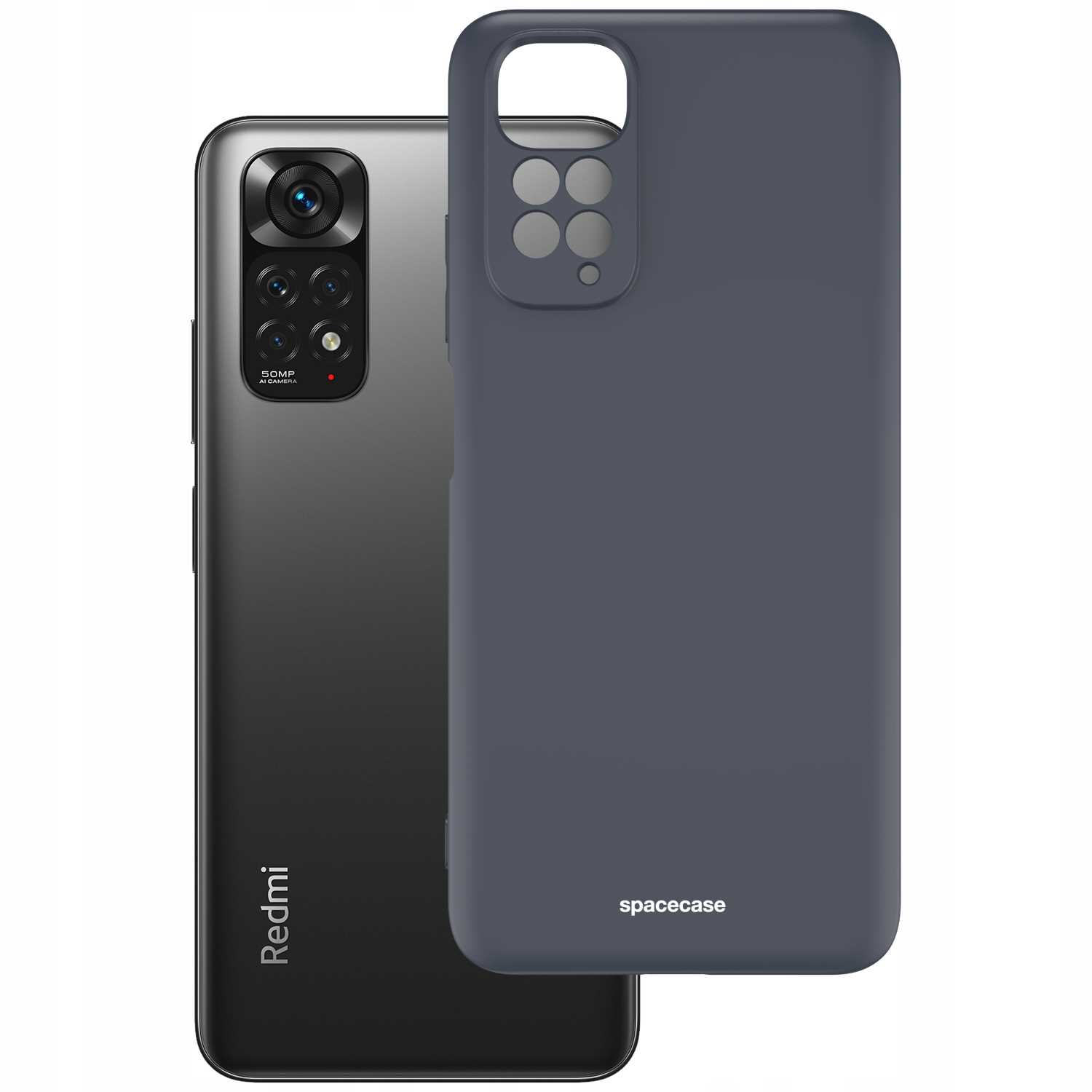 Szare etui na telefon obok telefonu. Telefon ma aparat z wieloma obiektywami. Etui na telefon jest proste.