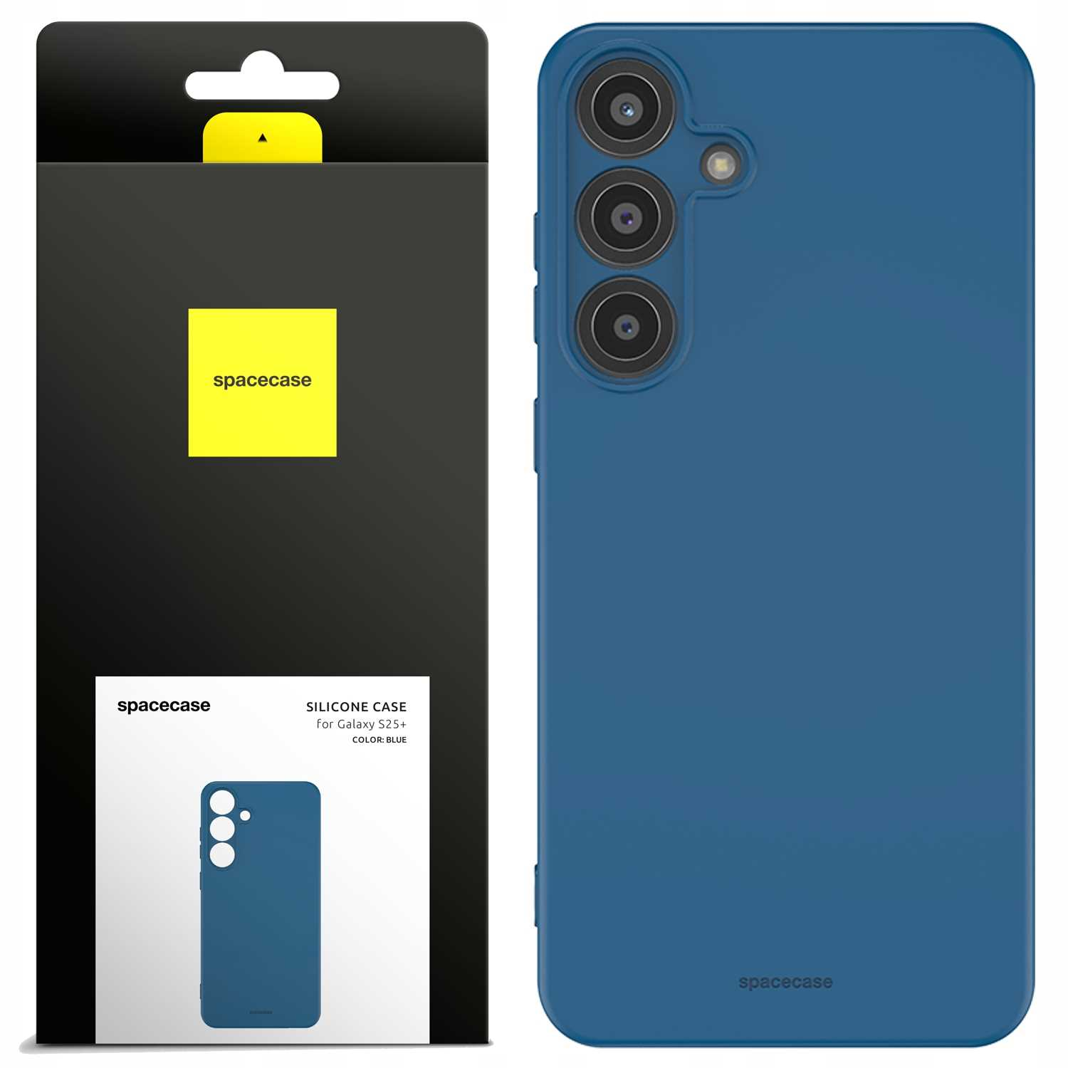 Niebieskie silikonowe etui na telefon jest wyświetlane obok opakowania; pudełko jest czarne z żółtym logo Spacecase.