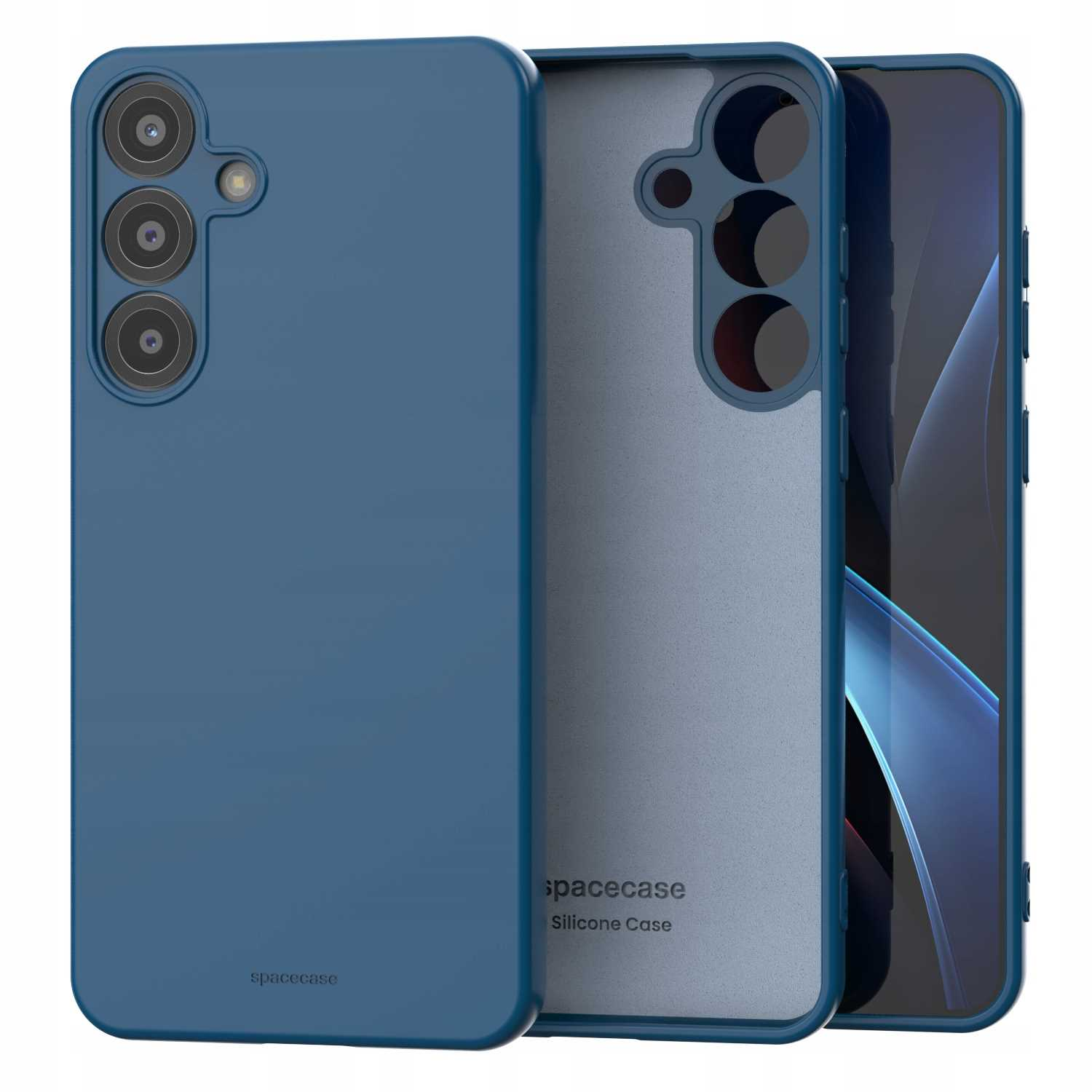 Obraz przedstawia niebieskie etui na telefon Galaxy S23, wycięcia na aparat i oznaczenie marki etui silikonowego. Ekran telefonu jest widoczny.