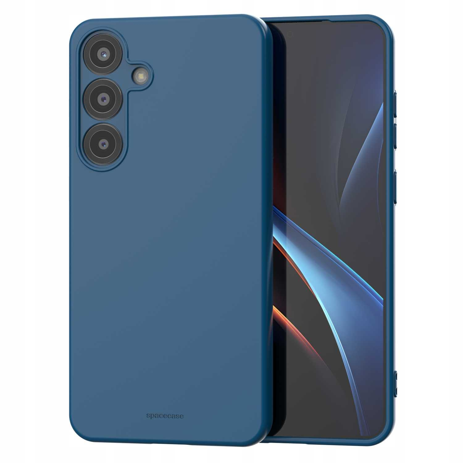 Niebieskie etui na telefon Spacecase z telefonem wyświetlającym niebiesko-pomarańczowy ekran.