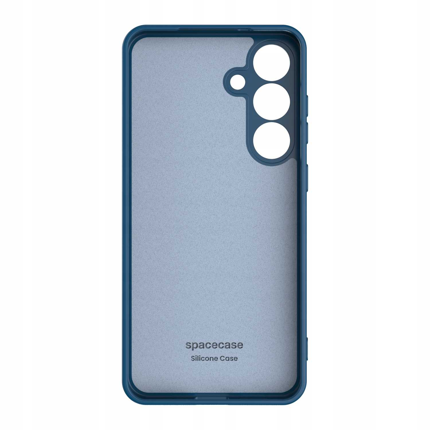 Wewnętrzny widok niebieskiego etui na telefon Spacecase z otworem na obiektyw aparatu na górze.
