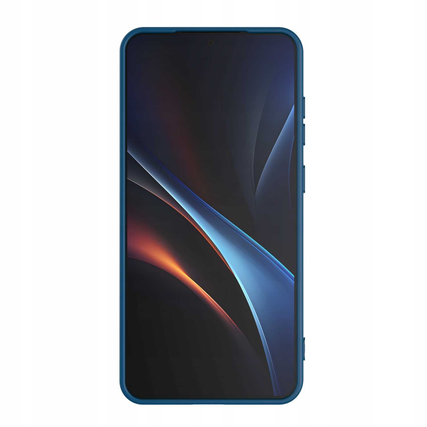 Niebieskie etui na telefon chroni telefon, który wyświetla ekran z niebieskimi i pomarańczowymi wzorami.