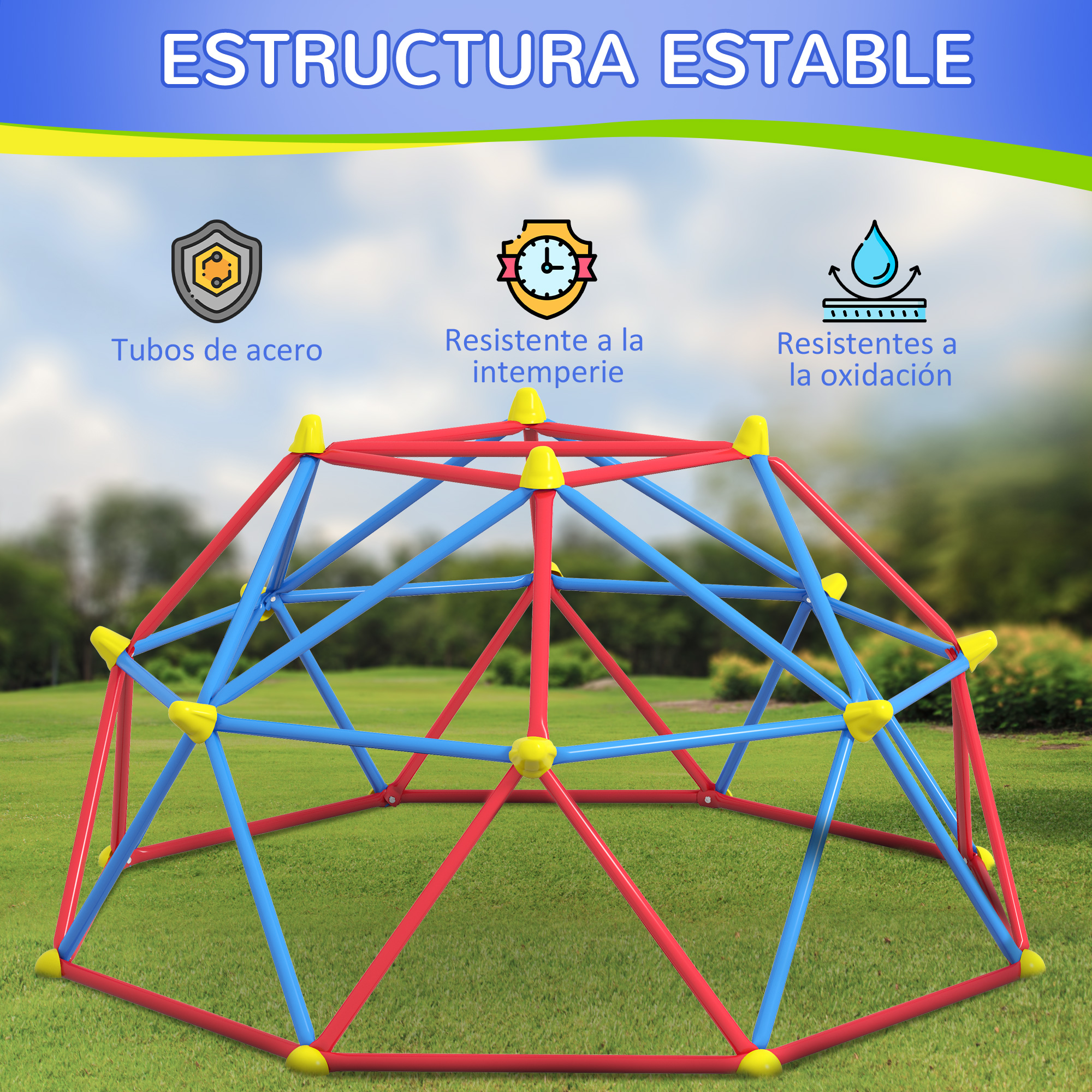 Una cúpula de escalada con barras rojas y azules está en un patio con césped verde.