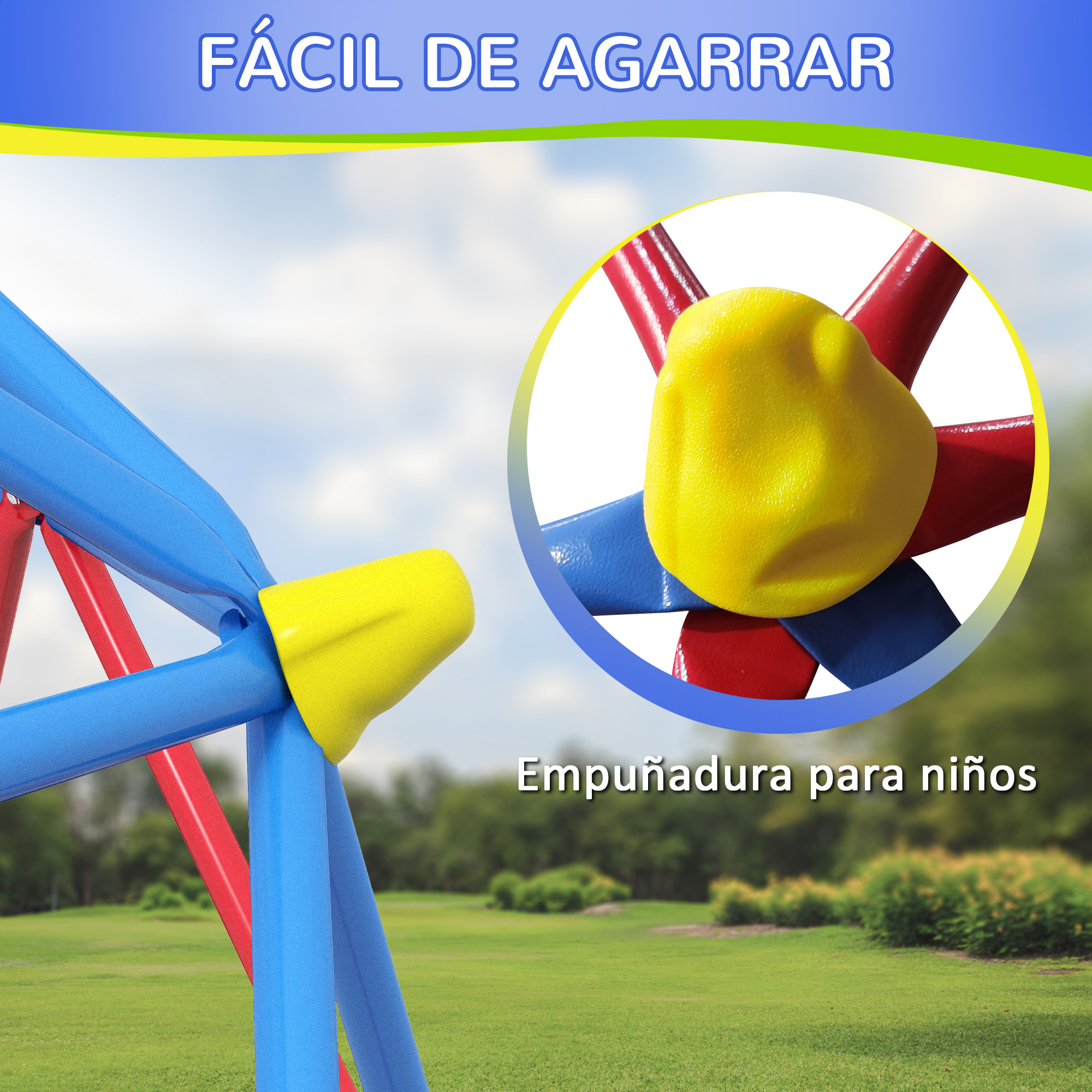 Una cúpula de escalada con conectores amarillos y barras rojas y azules está en un patio.