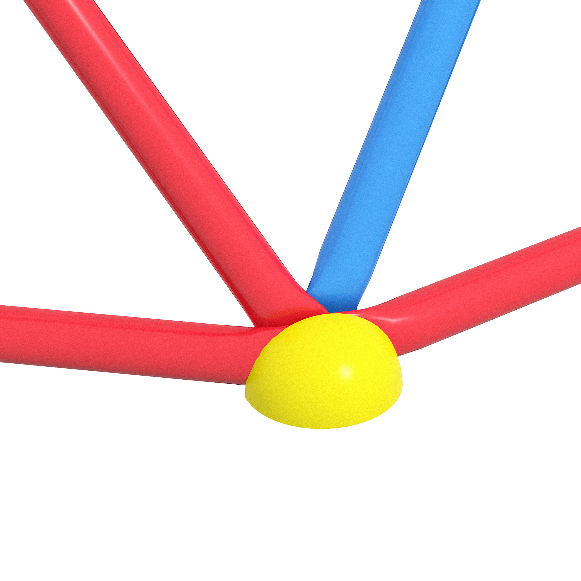 Primer plano de un conector amarillo que une postes rojos y azules, probablemente parte de una estructura de juego.