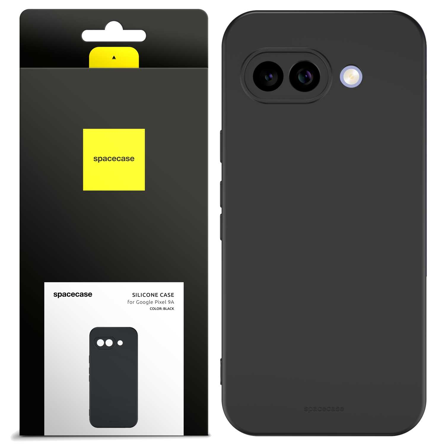 Czarna obudowa telefonu Spacecase z wycięciami na obiektyw aparatu i opakowaniem z żółtym logo.