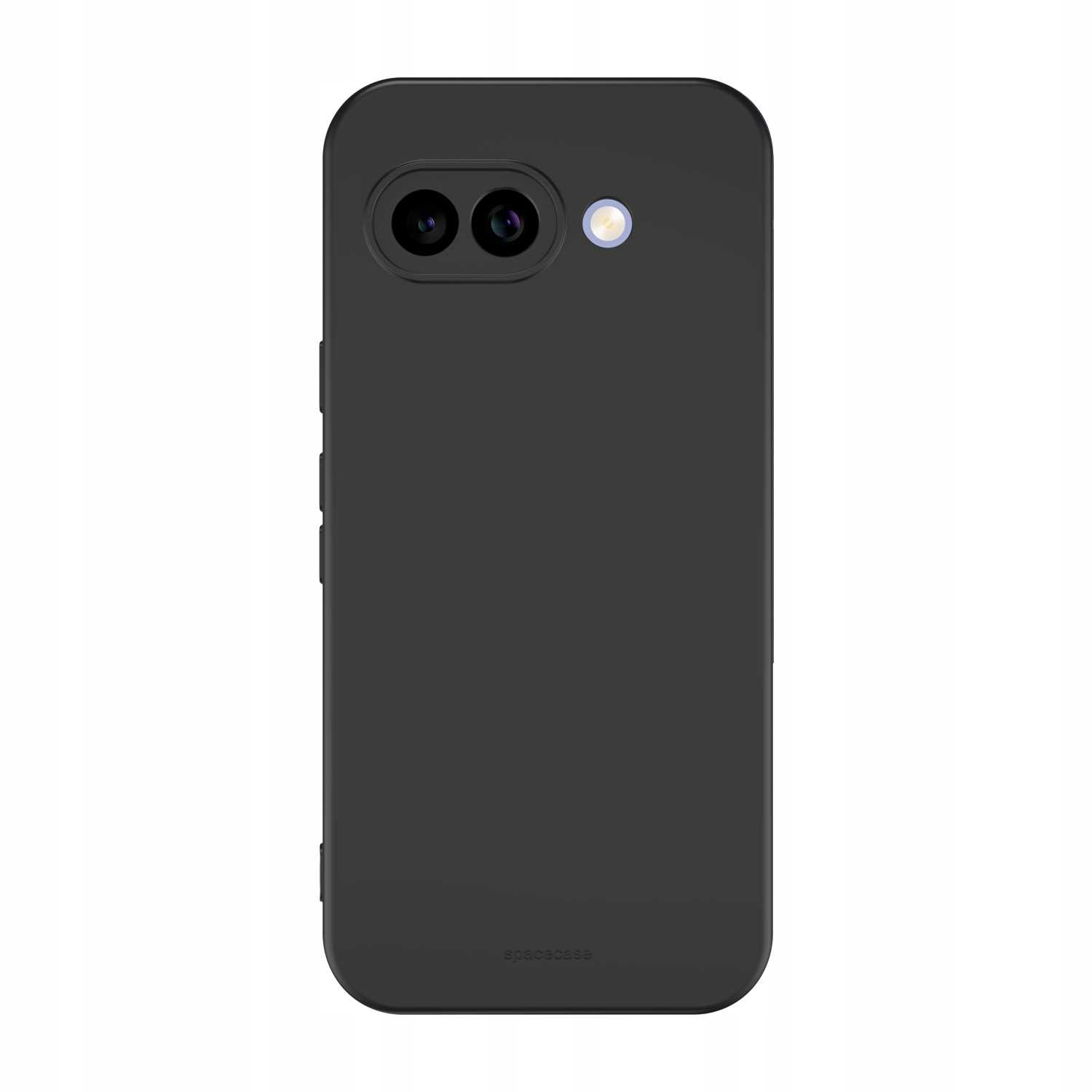 Czarne etui na telefon z wycięciami na aparat i logo „spacecase” jest pokazane na białym tle.