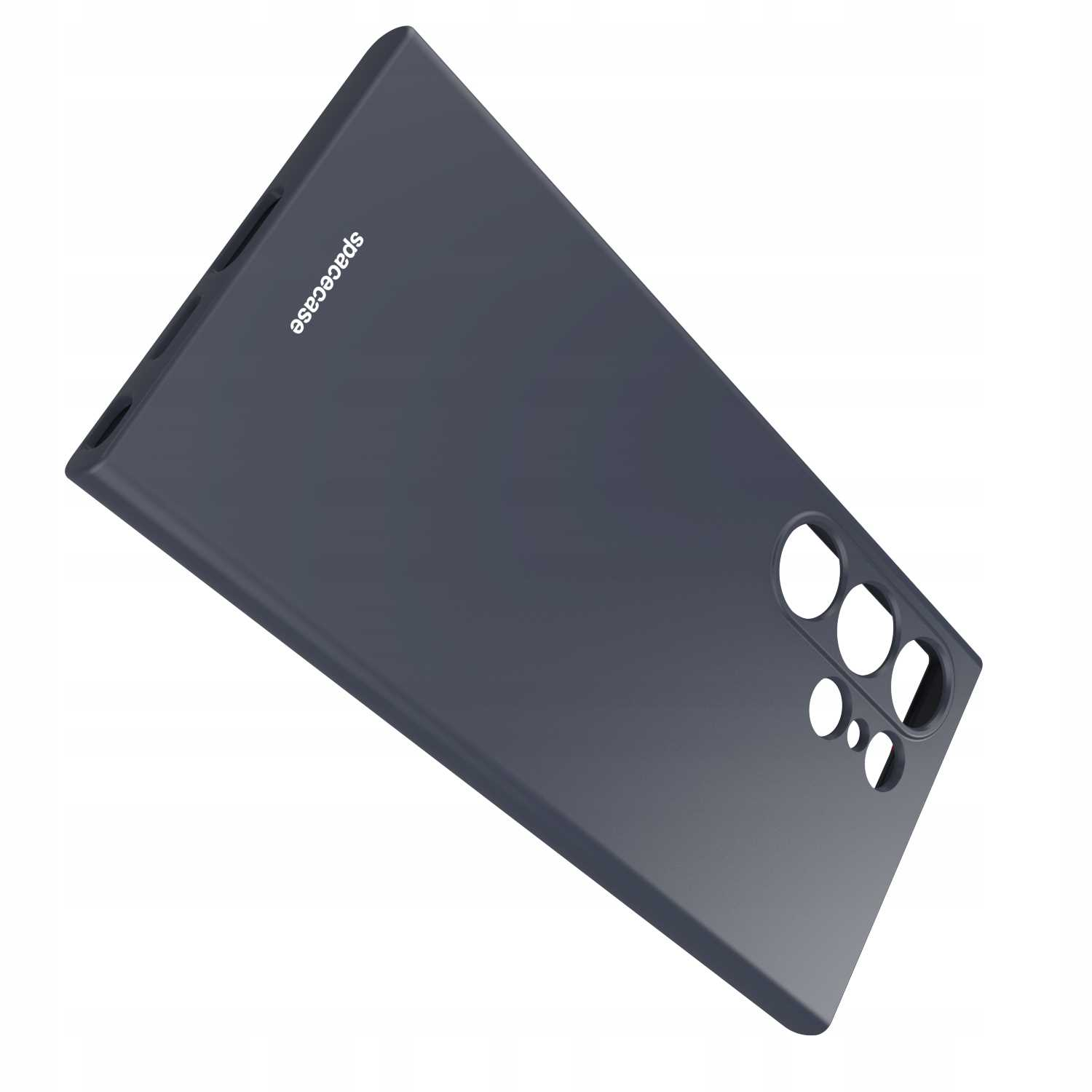 Szare etui na telefon z wycięciami na aparat i logo „spacecase”, ustawione pod kątem na białym tle.