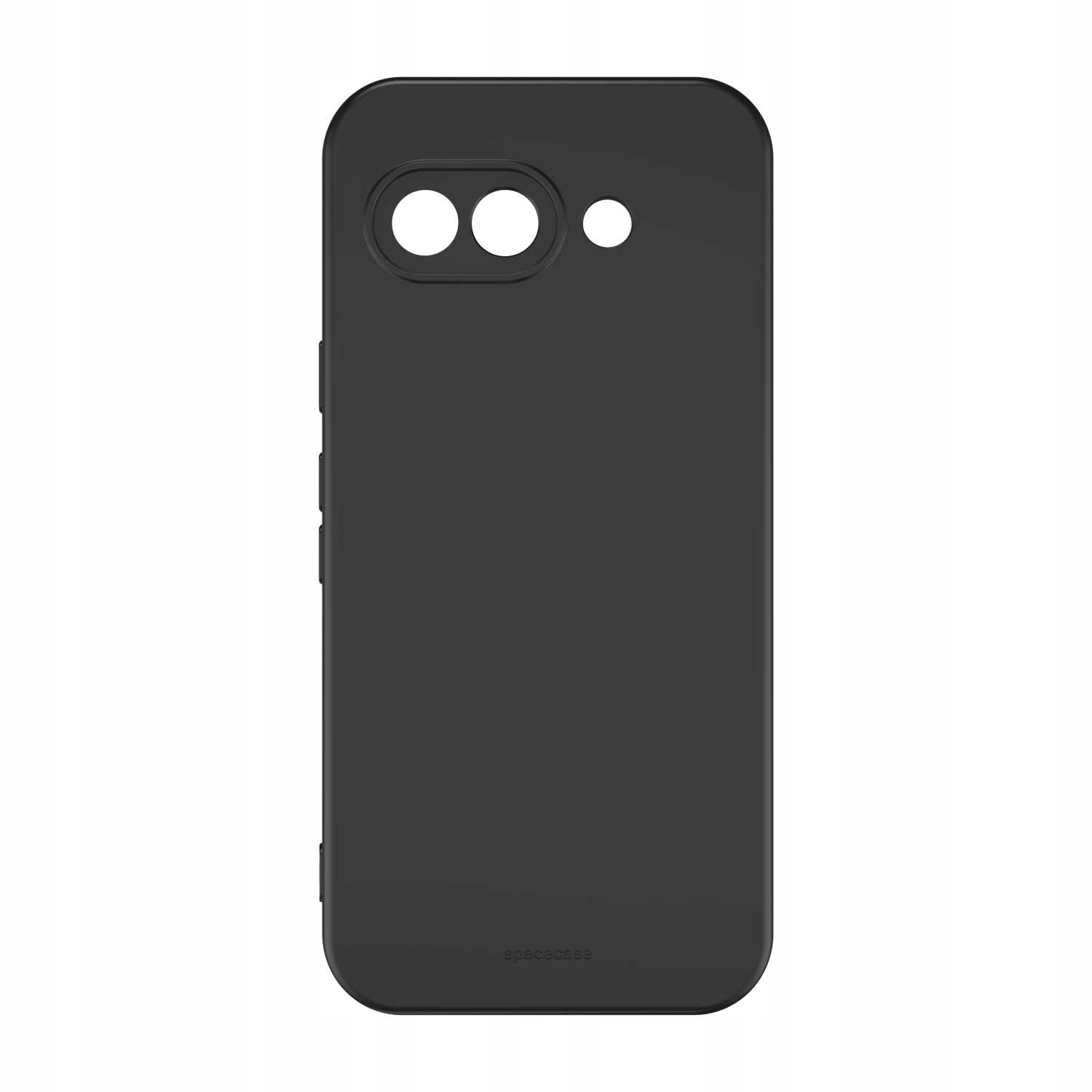 Czarne etui na telefon z wycięciami na aparat i logo „spacecase” jest pokazane na białym tle.