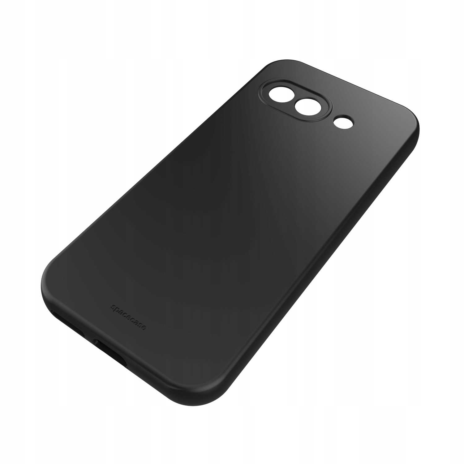 Ukośny widok czarnego etui na telefon z wycięciami na aparat i logo „spacecase” na białym tle.