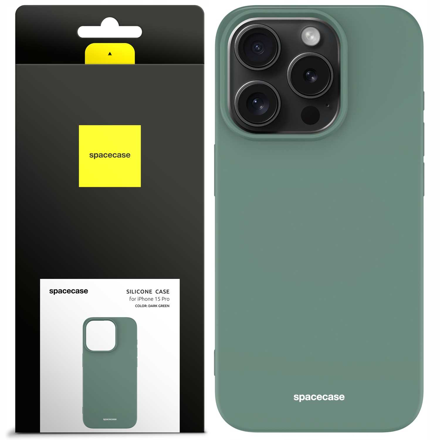 Ciemnozielone etui na telefon iPhone 15 Pro, obok opakowania. Widoczna nazwa marki „spacecase”.	