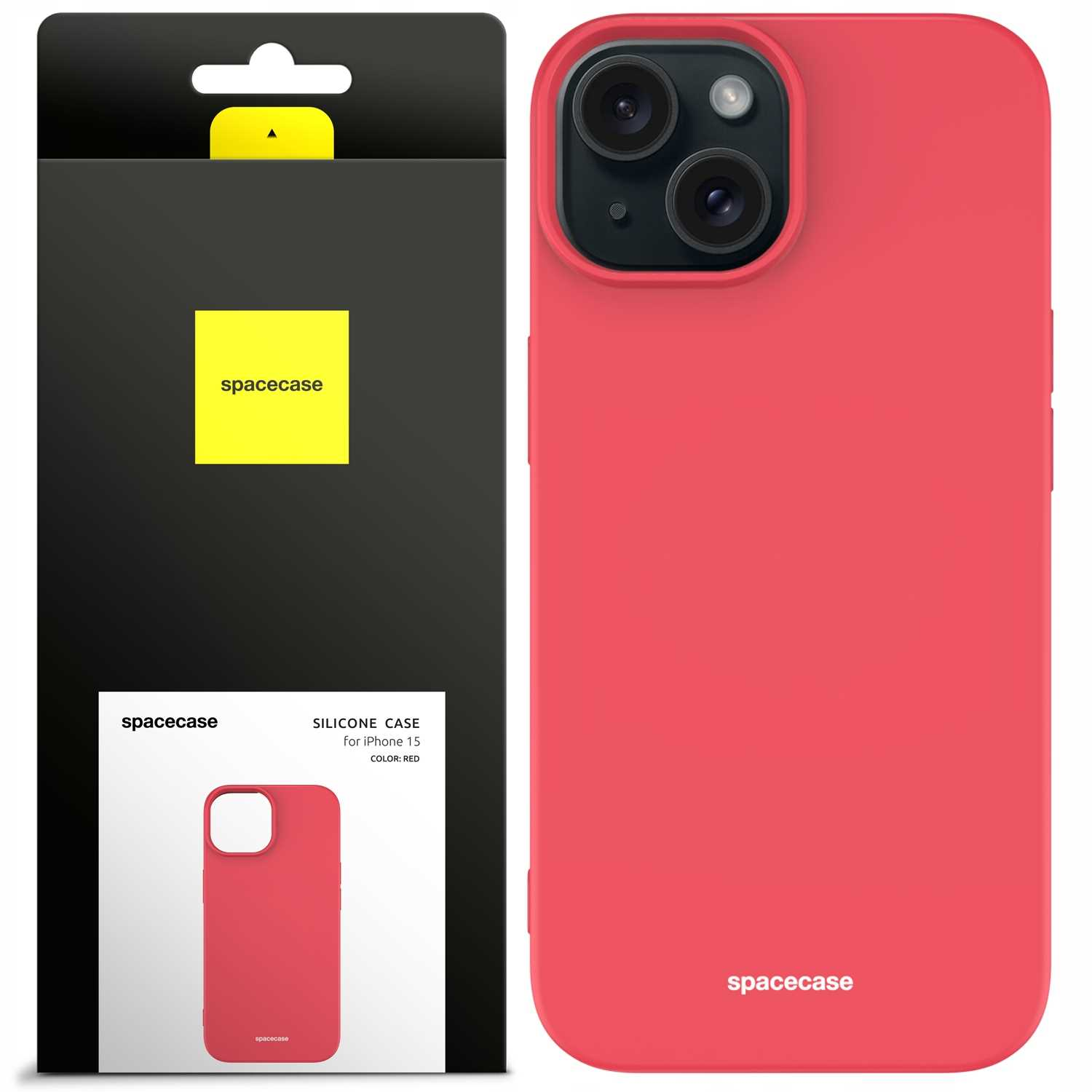Czerwone silikonowe etui na telefon iPhone 15, pokazane obok opakowania. Widoczna nazwa marki „spacecase”.	