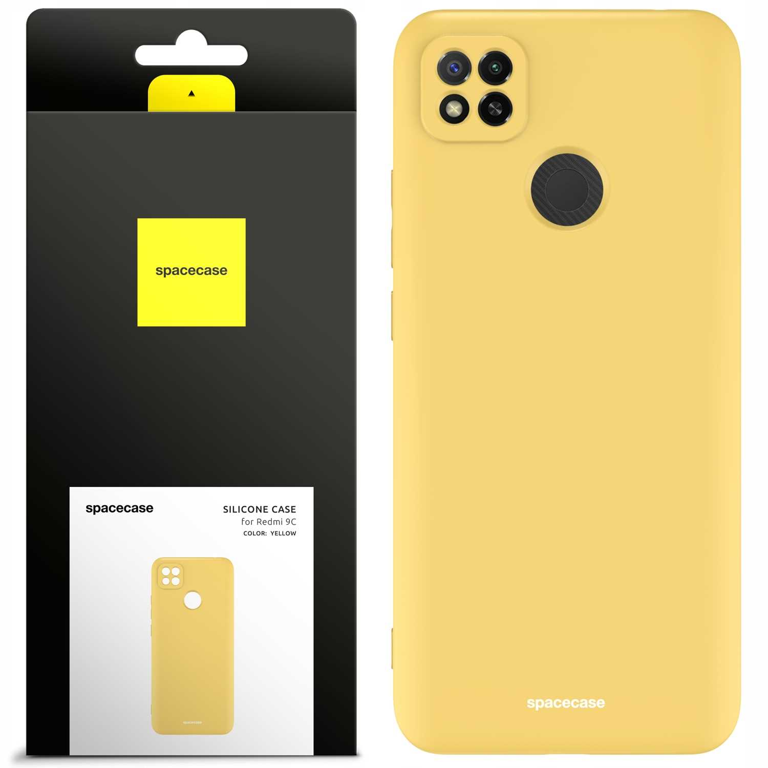 Żółte silikonowe etui na telefon Redmi 9C, pokazane obok opakowania. Widoczna nazwa marki „spacecase”.	