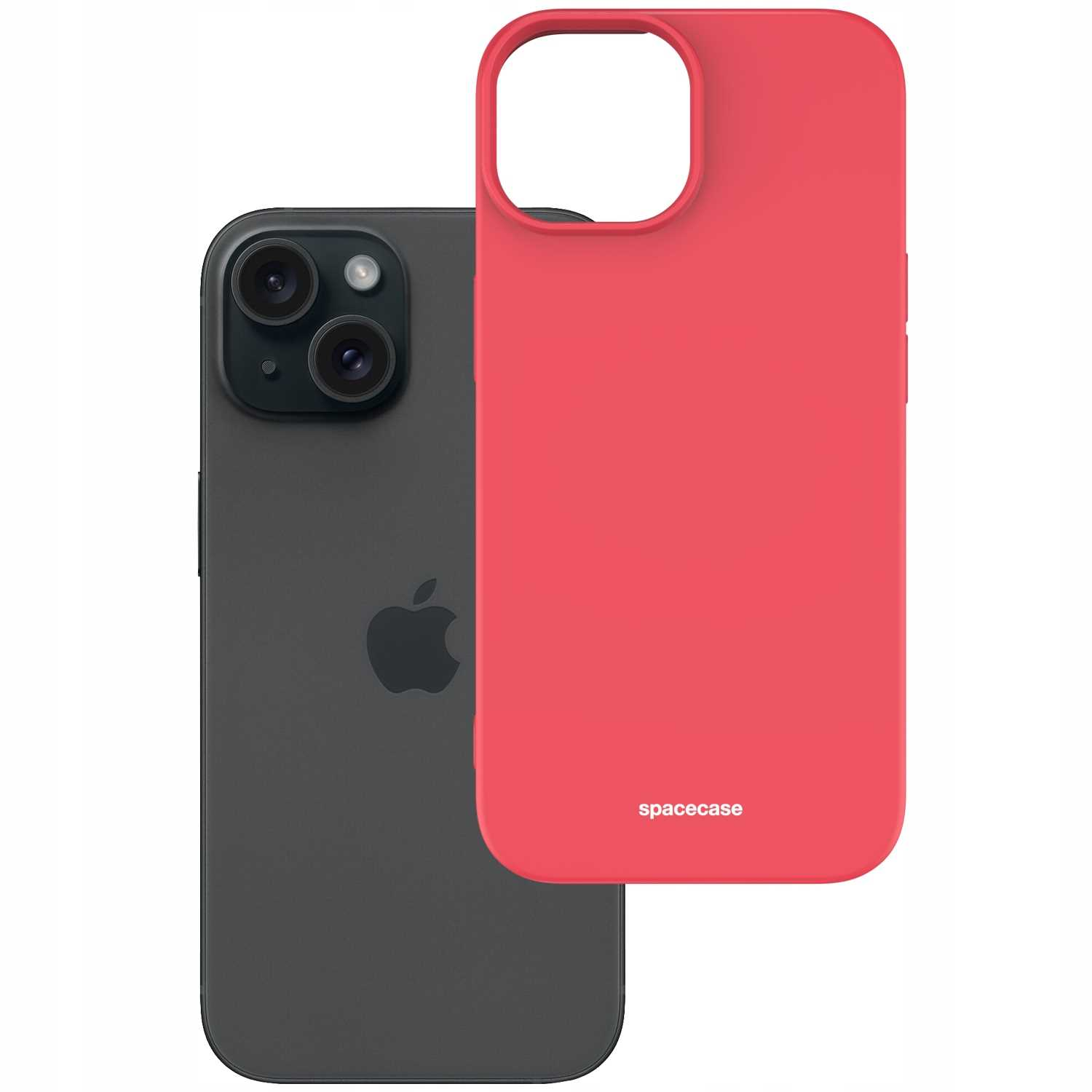 Różowe etui na telefon „spacecase” znajduje się obok szarego iPhone'a na białym tle.
