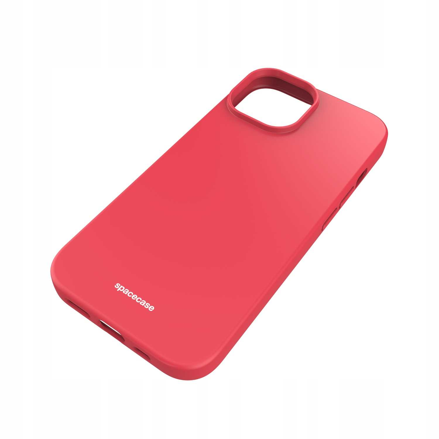 Czerwone etui na telefon iPhone z nadrukowaną z boku nazwą marki „spacecase” na białym tle.