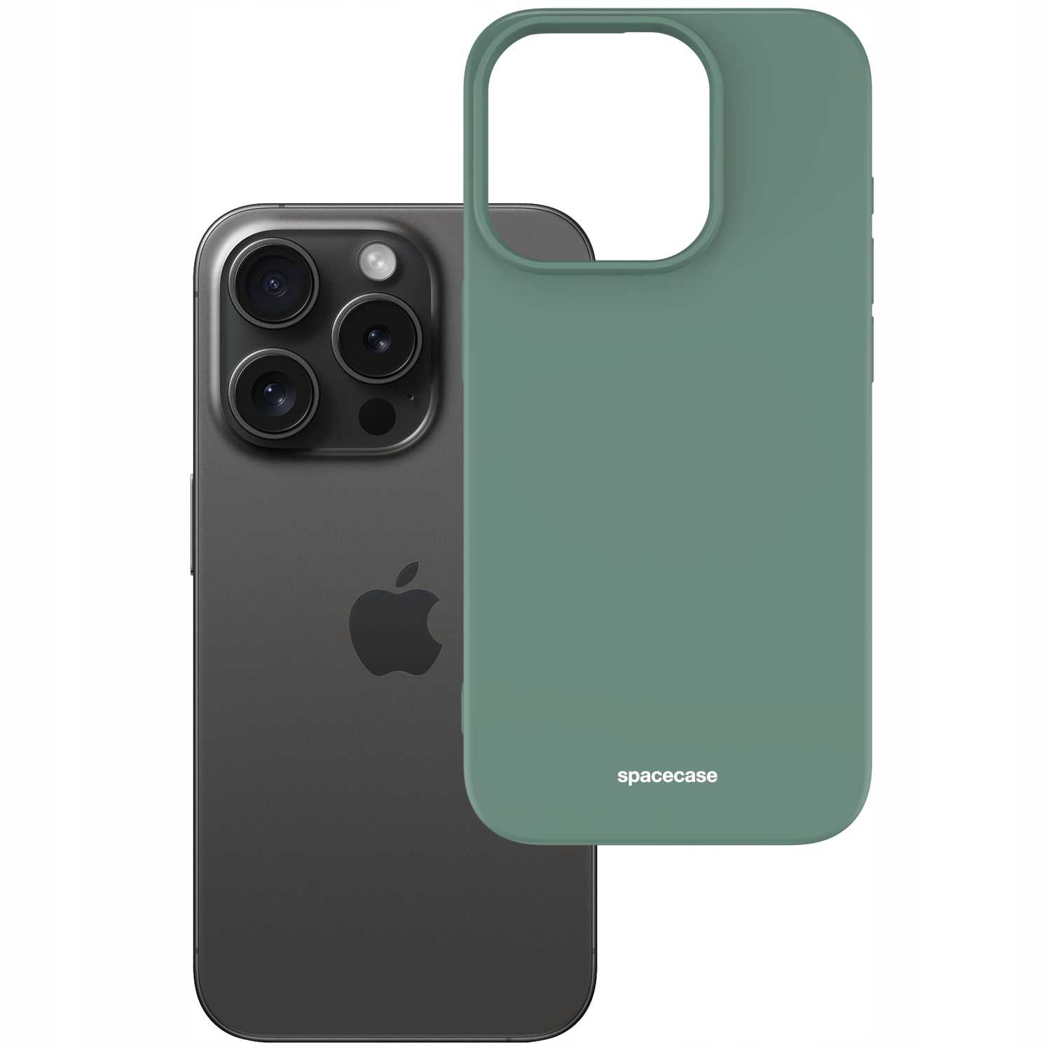 Zielone etui na telefon „spacecase” znajduje się obok szarego iPhone'a na białym tle.