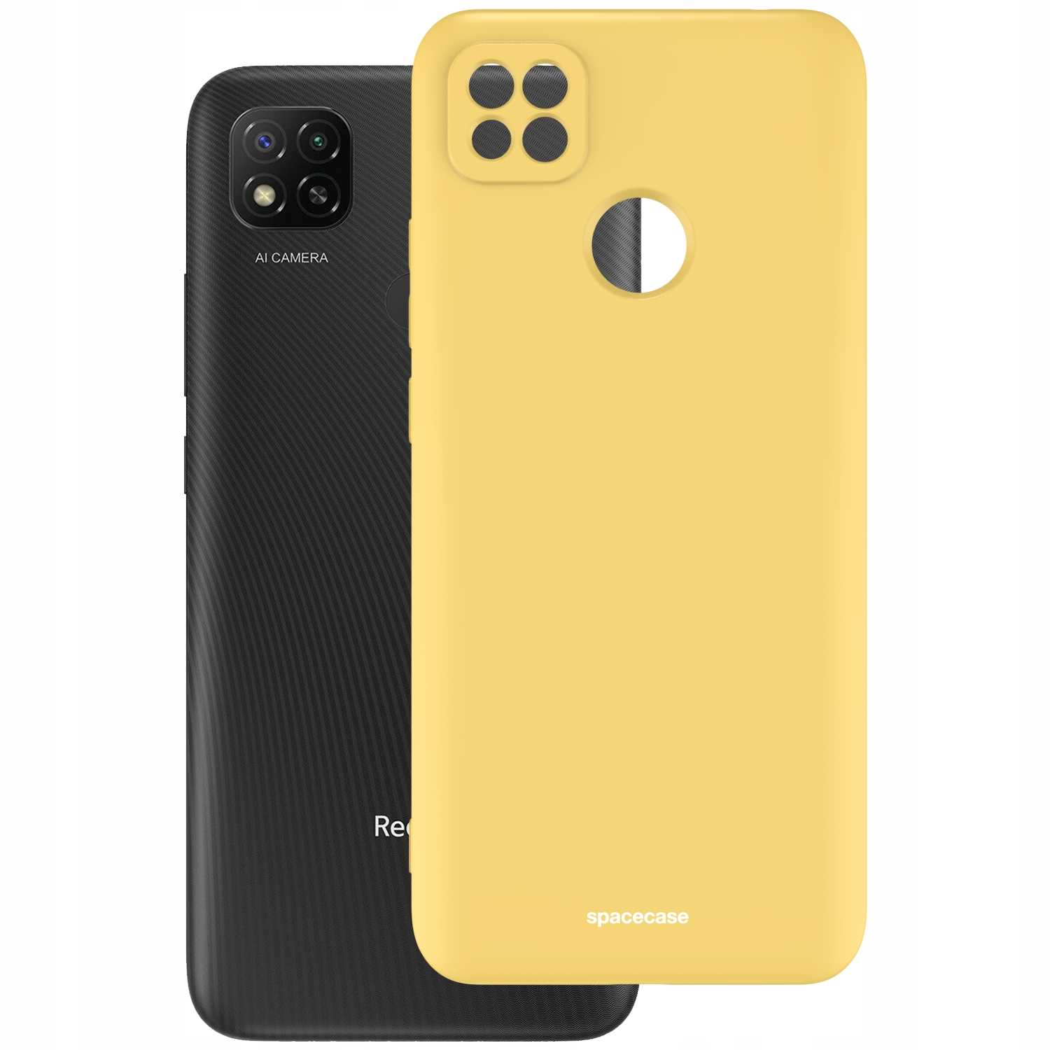 Żółte etui na telefon „spacecase” znajduje się obok czarnego telefonu Redmi na białym tle.