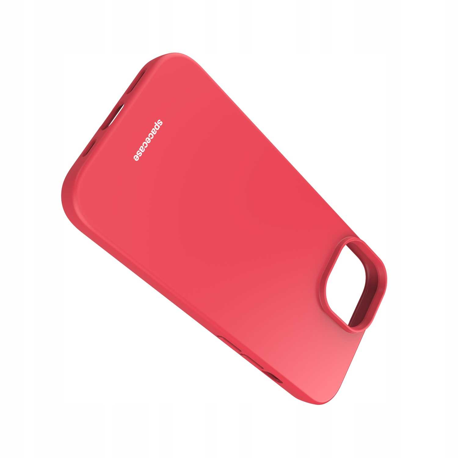 Czerwone etui na telefon iPhone z nadrukowaną z boku nazwą marki „spacecase”.