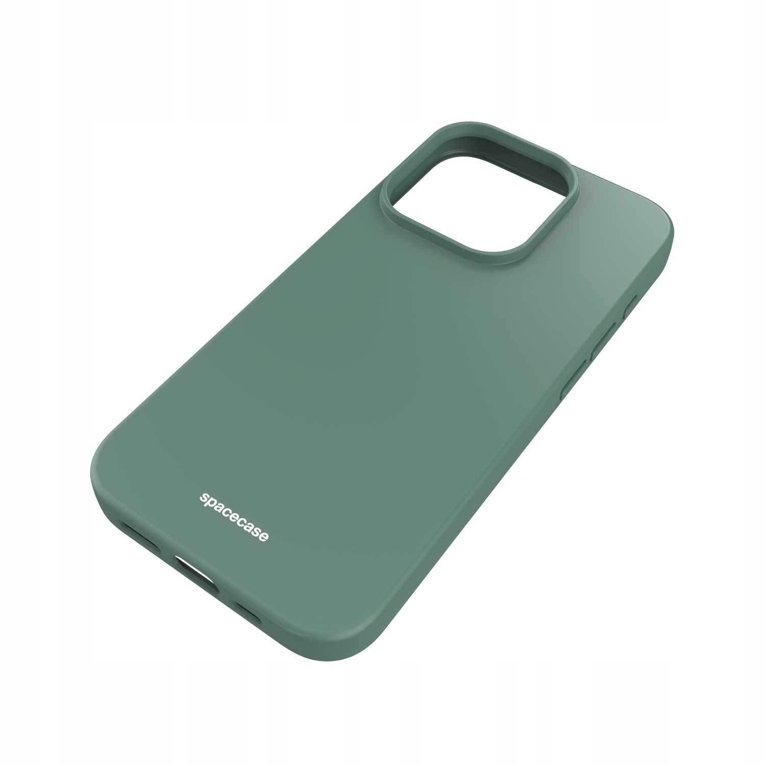 Zielone etui na telefon ze słowem „spacecase” w lewym dolnym rogu wyświetlane na białym tle.