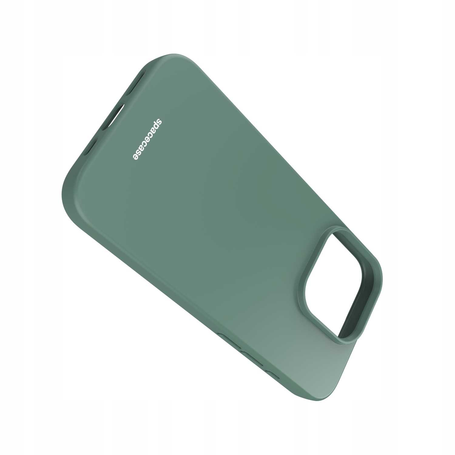 Zielone etui na telefon ze słowem „spacecase” po lewej stronie wyświetlane na białym tle.
