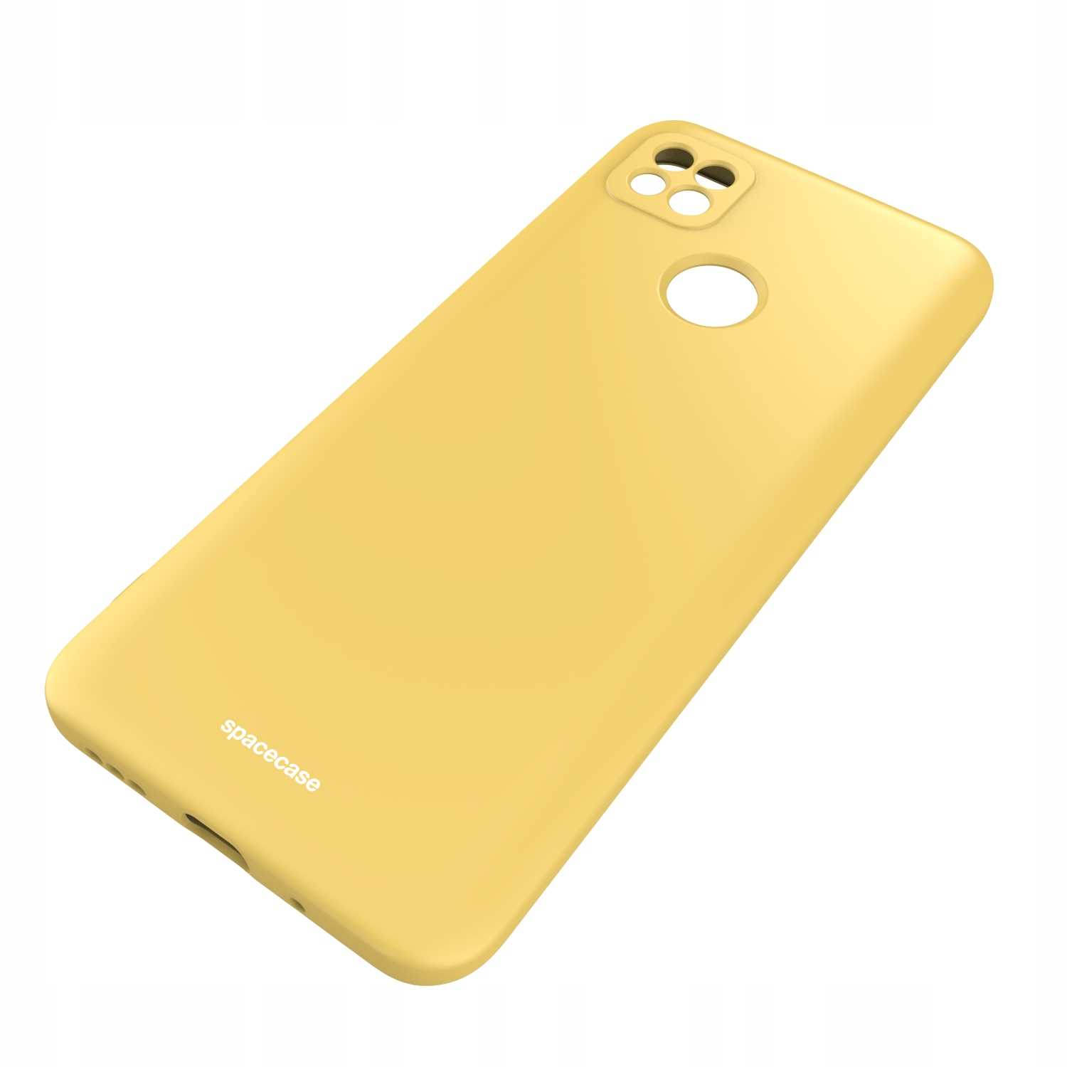 Żółte etui na telefon ze słowem „spacecase” w lewym dolnym rogu wyświetlane na białym tle.
