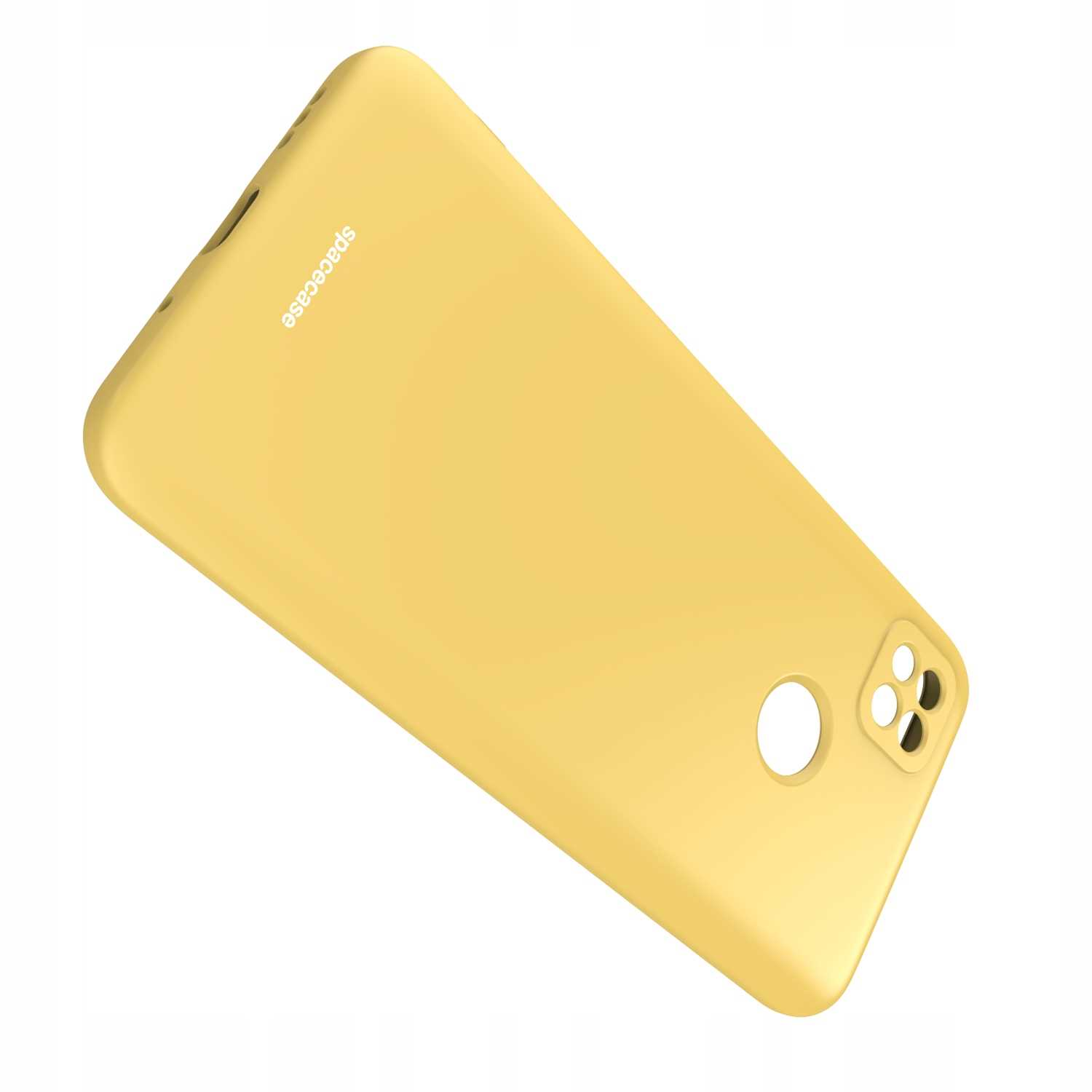 Żółte etui na telefon ze słowem „spacecase” po lewej stronie wyświetlane na białym tle.