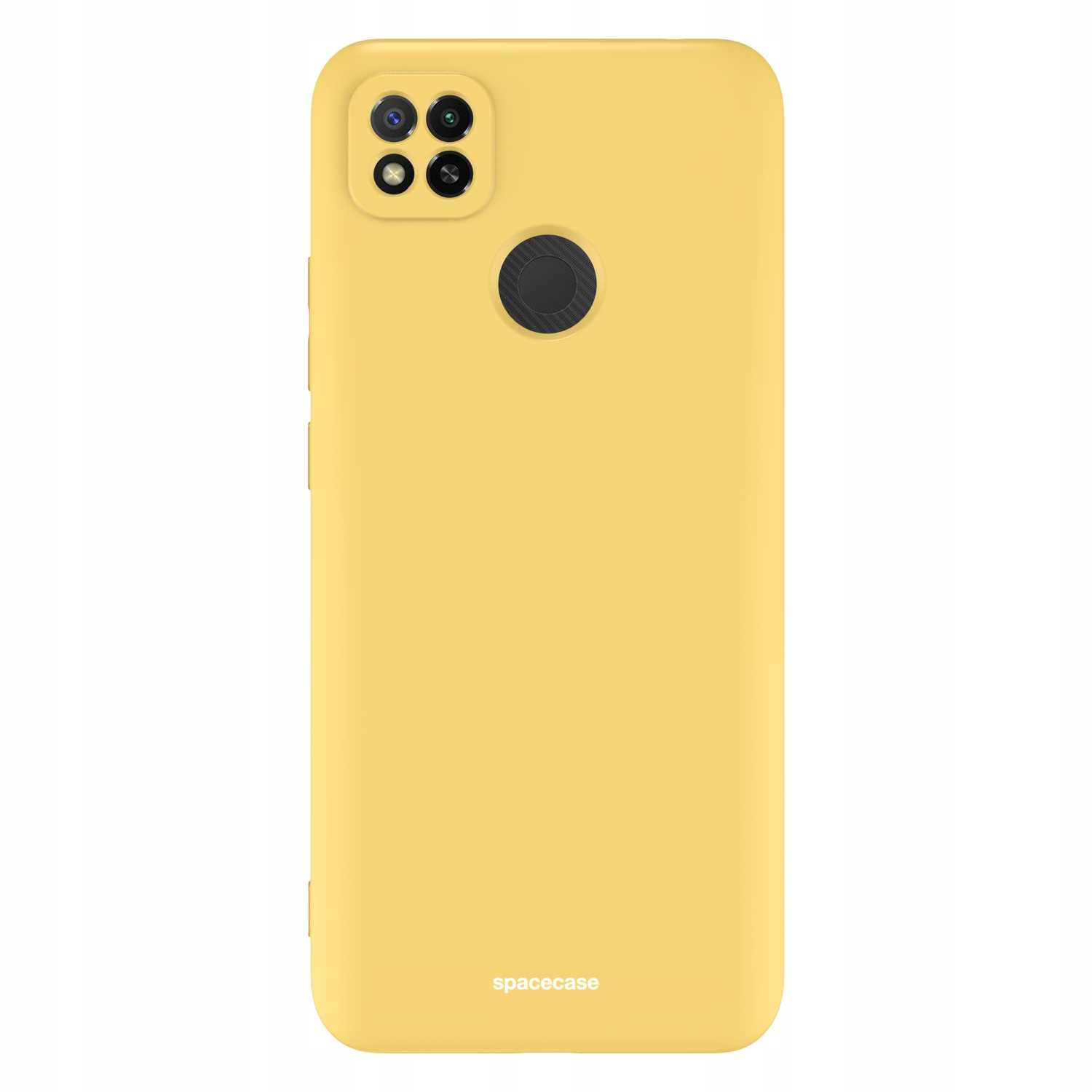 Żółte etui na telefon z kwadratowym modułem aparatu i napisem „spacecase” na dole.