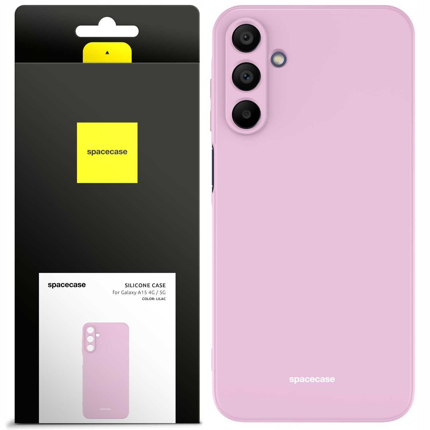 Liliowe etui na telefon obok opakowania, z trzema kamerami i logo „spacecase”.