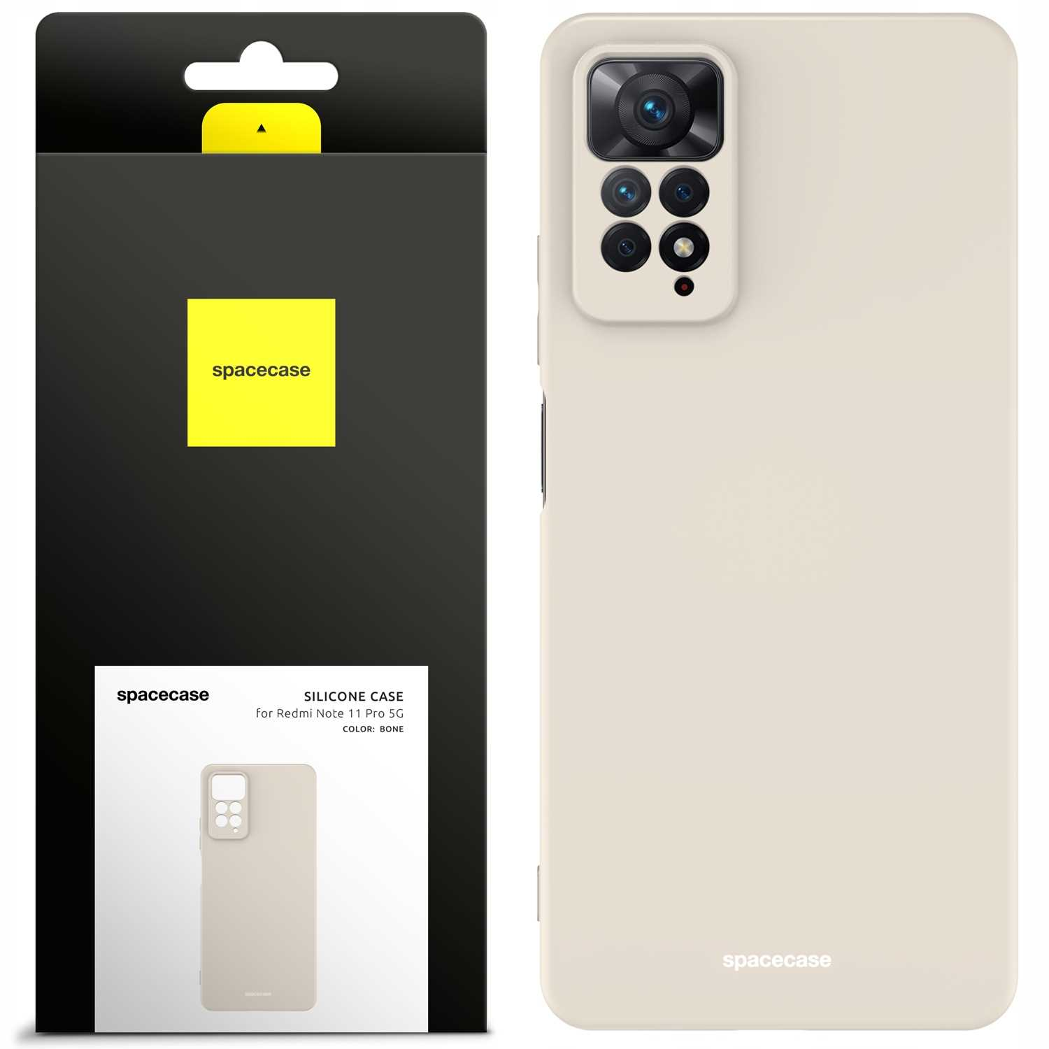 Etui na telefon w kolorze kości obok opakowania, z kilkoma kamerami i logo „spacecase”.