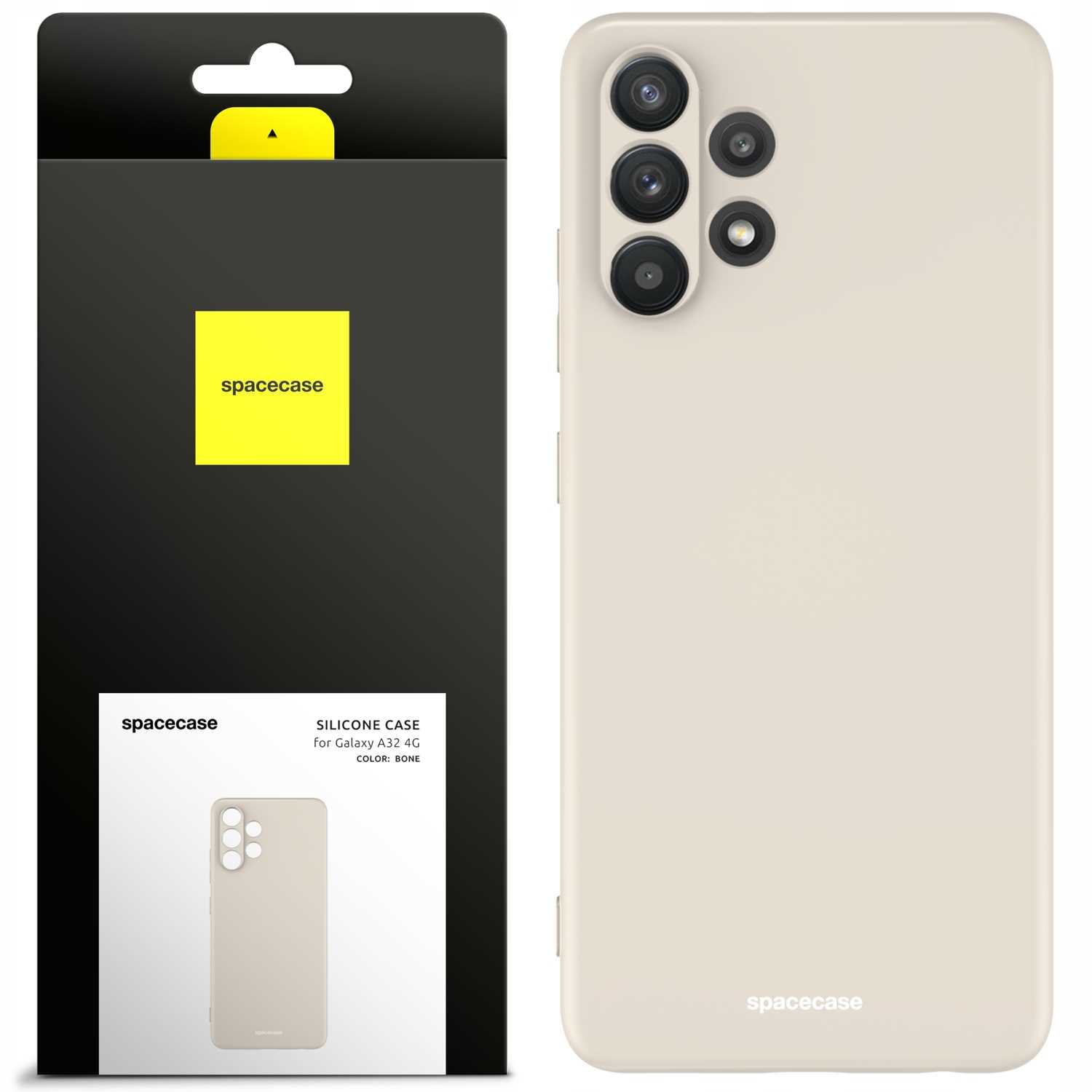 Etui na telefon w kolorze kości obok opakowania, z trzema kamerami i logo „spacecase”.