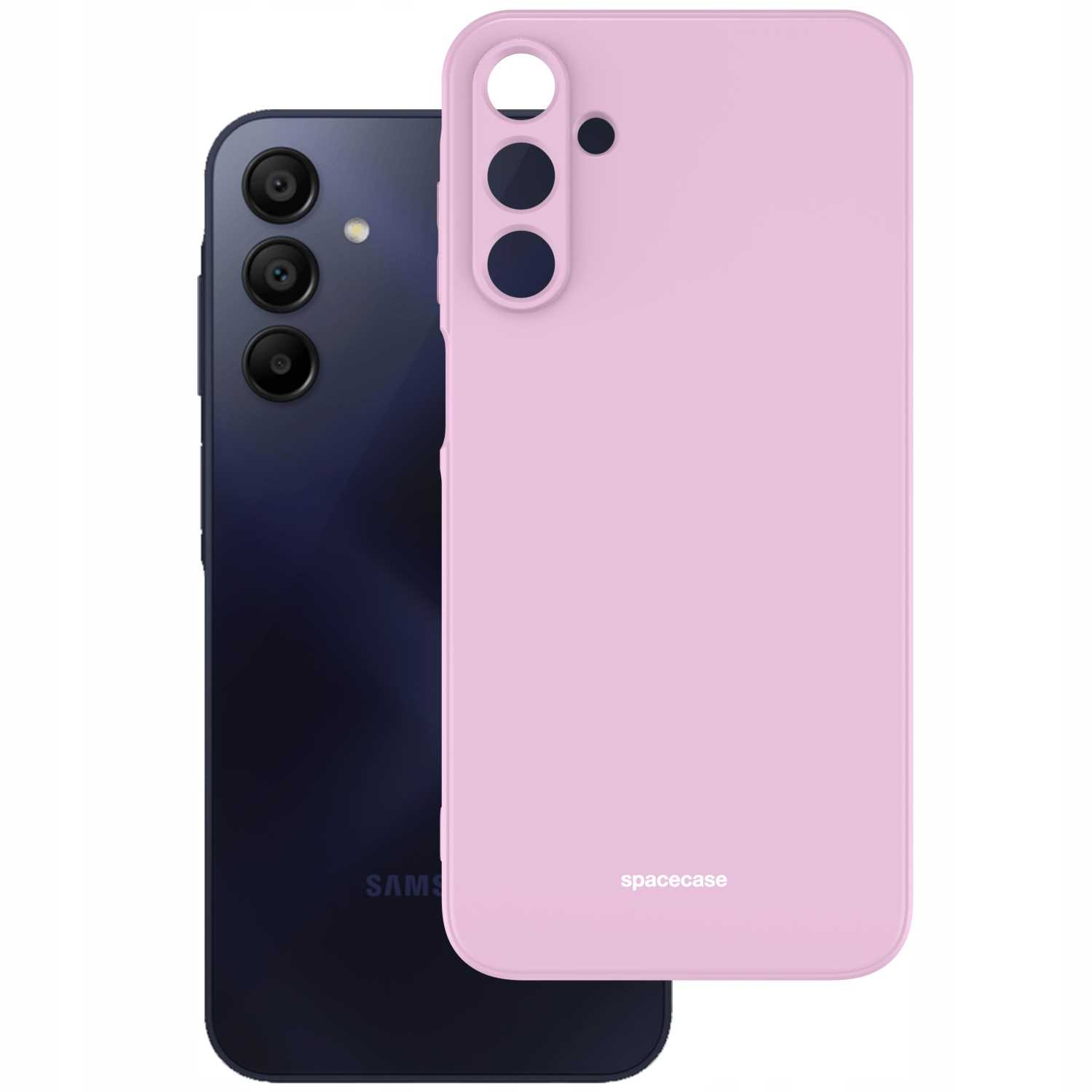 Ciemnoniebieski telefon i jasnoróżowe etui na telefon, z trzema kamerami i logo „spacecase”.