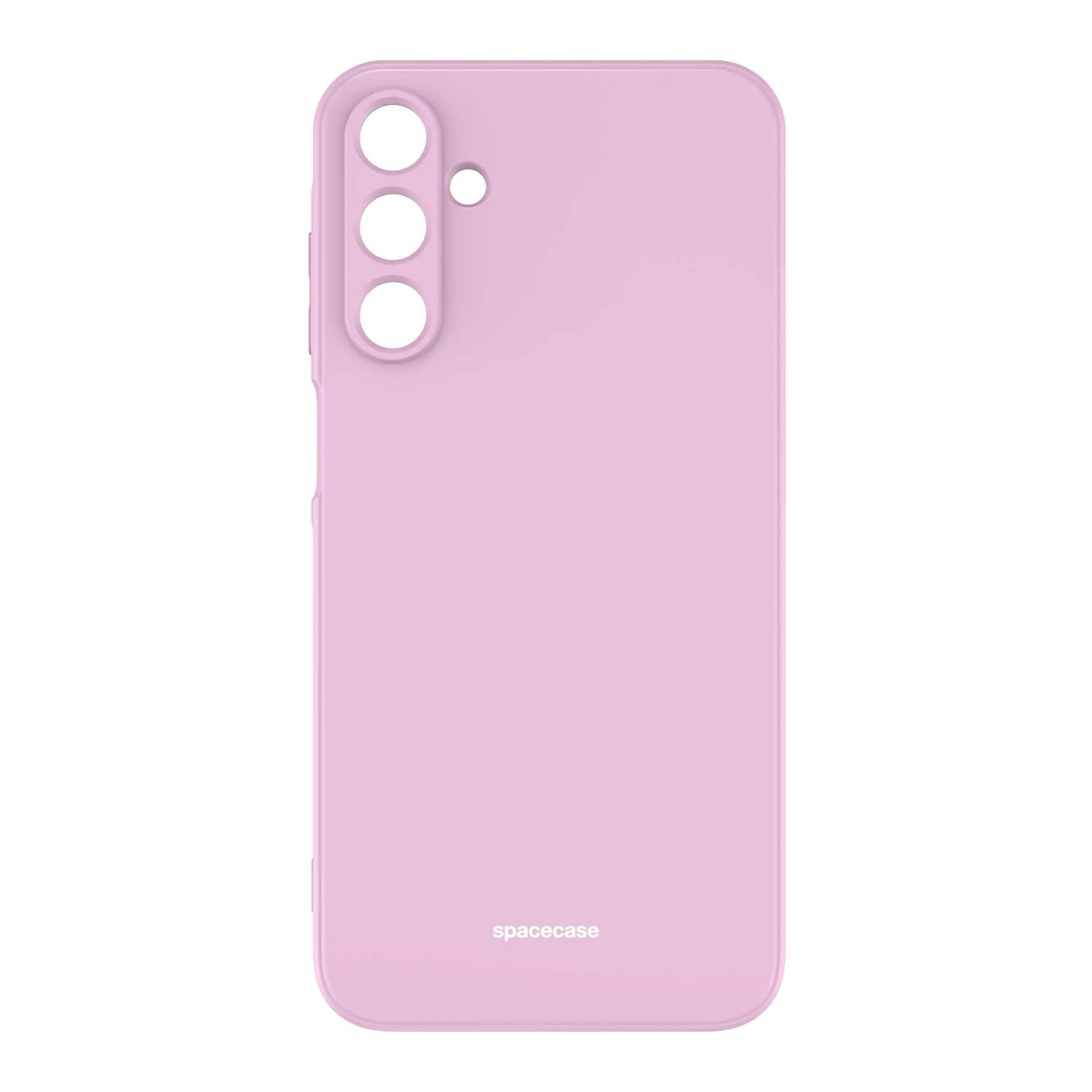Jasnoróżowe etui na telefon z trzema kamerami i napisem „spacecase” na dole.