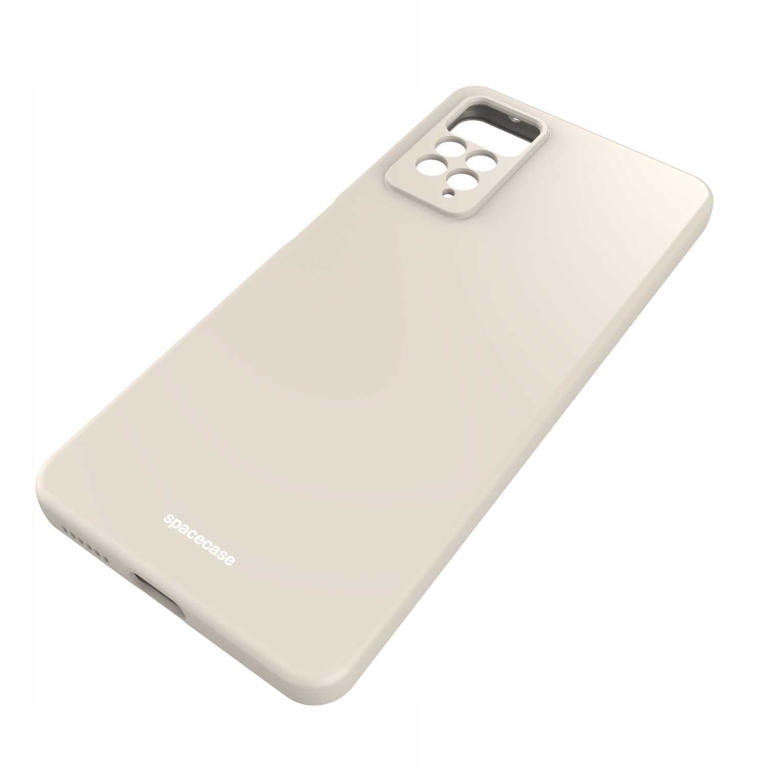 Etui na telefon w kolorze kości pod kątem, pokazujące moduł aparatu i logo „spacecase”.