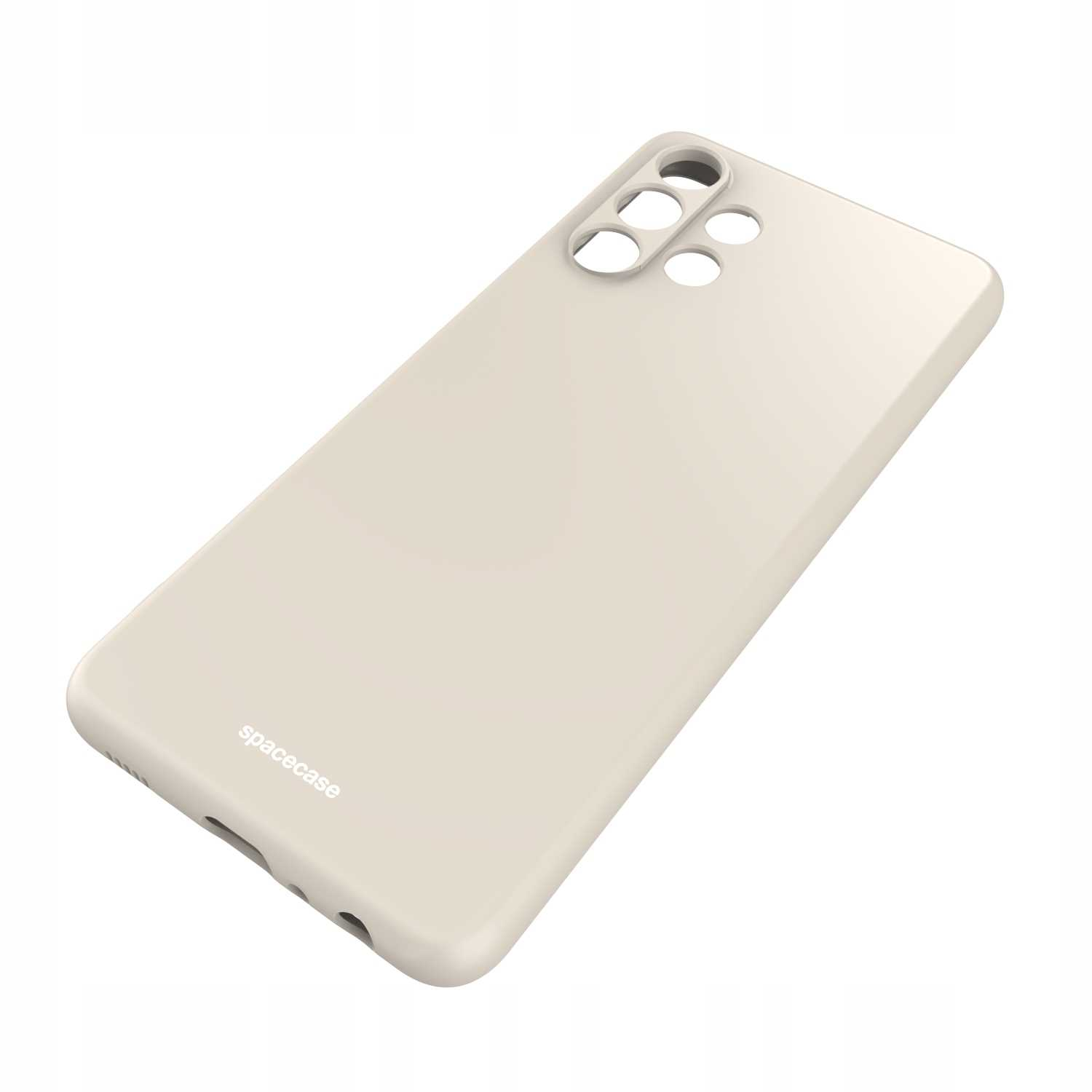 Etui na telefon w kolorze kości pod kątem, pokazujące moduł aparatu i logo „spacecase”.