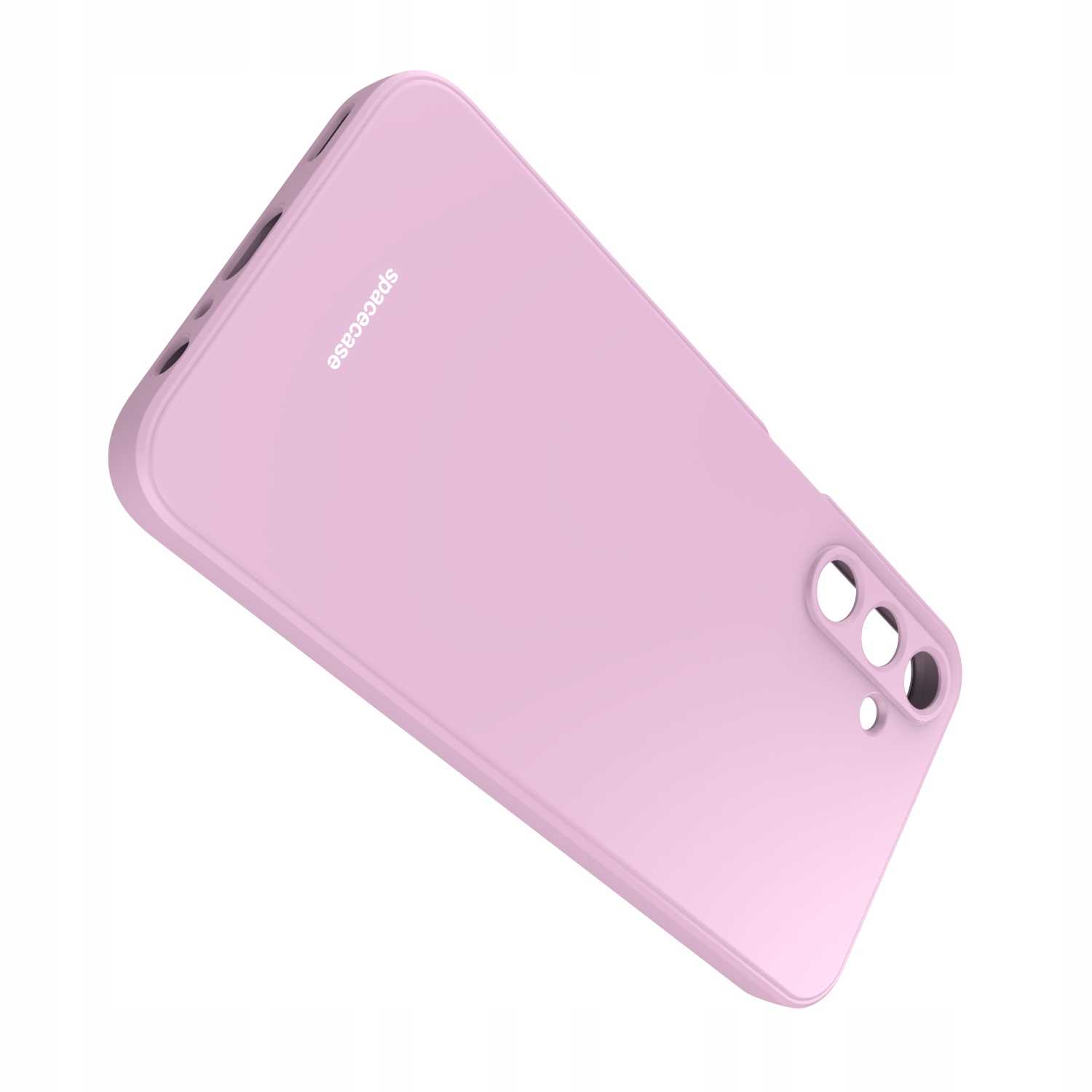 Jasnoróżowe etui na telefon pod kątem, pokazujące moduł aparatu i logo „spacecase”.