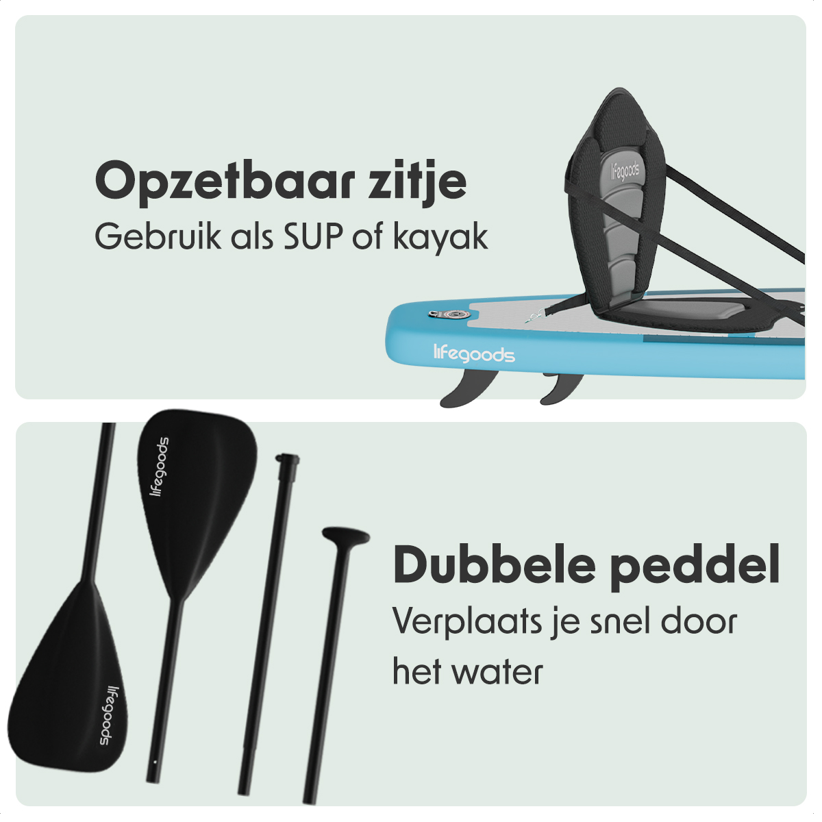 Gesplitste afbeelding toont paddleboard met stoel en peddeldetails, waarbij ontwerp en accessoires worden benadrukt.