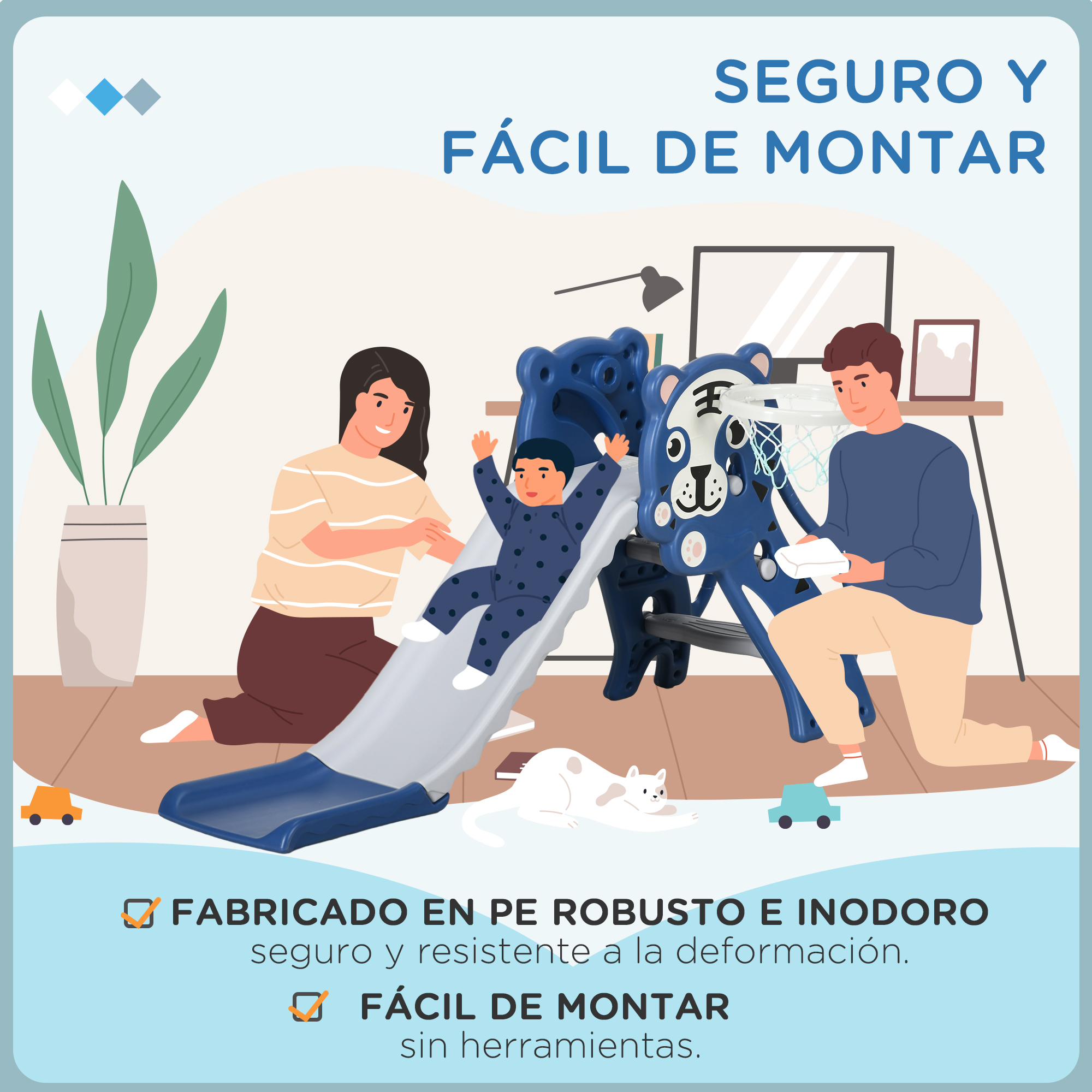 Familia jugando con un tobogán con temática de tigre, mostrando sus características de seguridad y fácil montaje. Juguetes alrededor.