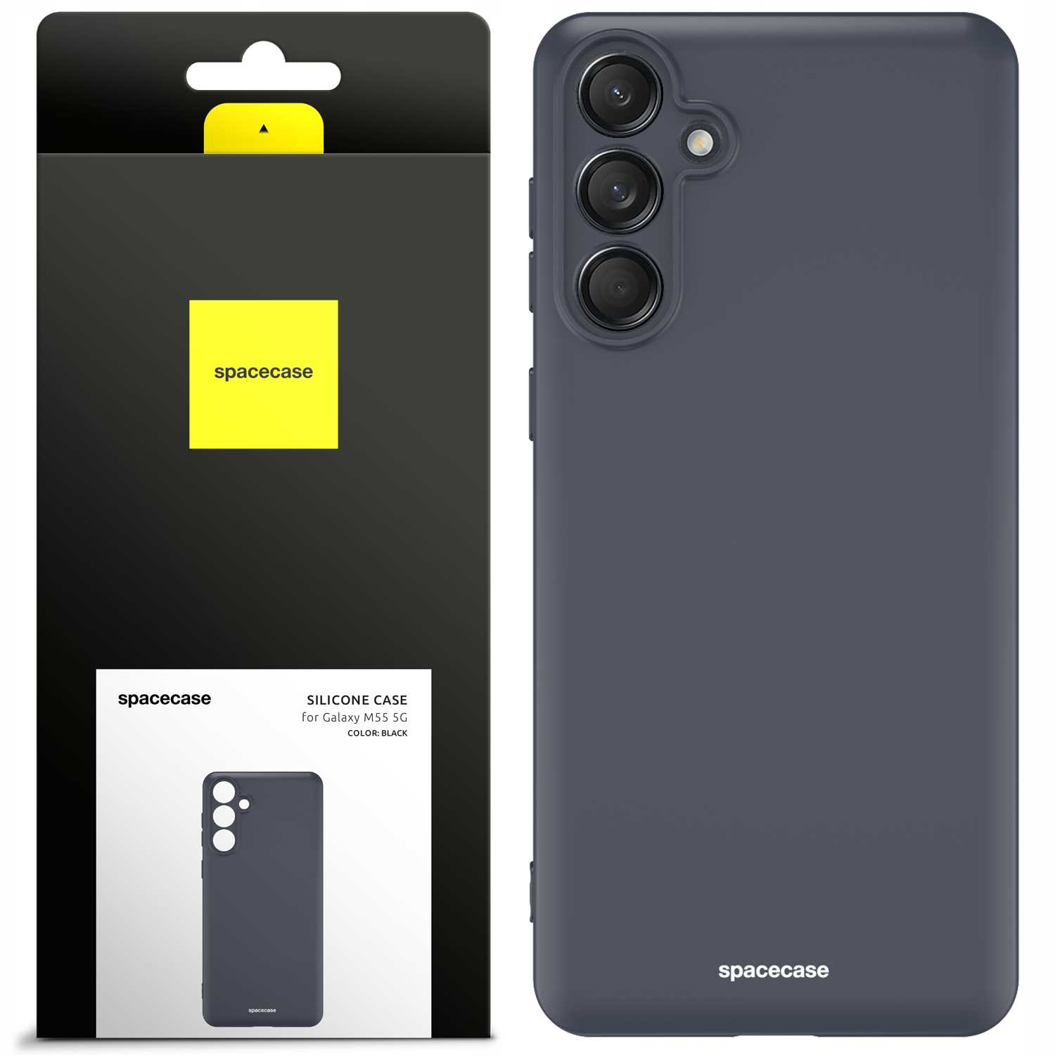 Ciemnoszare etui na telefon obok pudełka, prezentujące markę Spacecase.