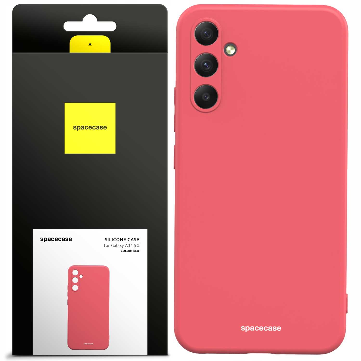 Czerwone etui na telefon obok pudełka, prezentujące markę Spacecase.